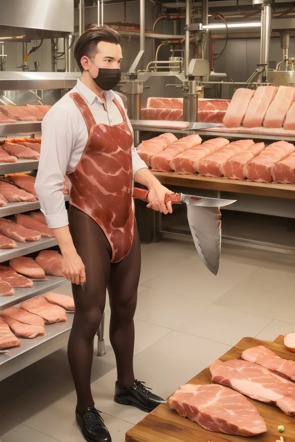 ((((A man with a knife is standing)))).
((((Meat processing plant))))、(A girl is sitting wearing Bink's full body tights and pig ears.)