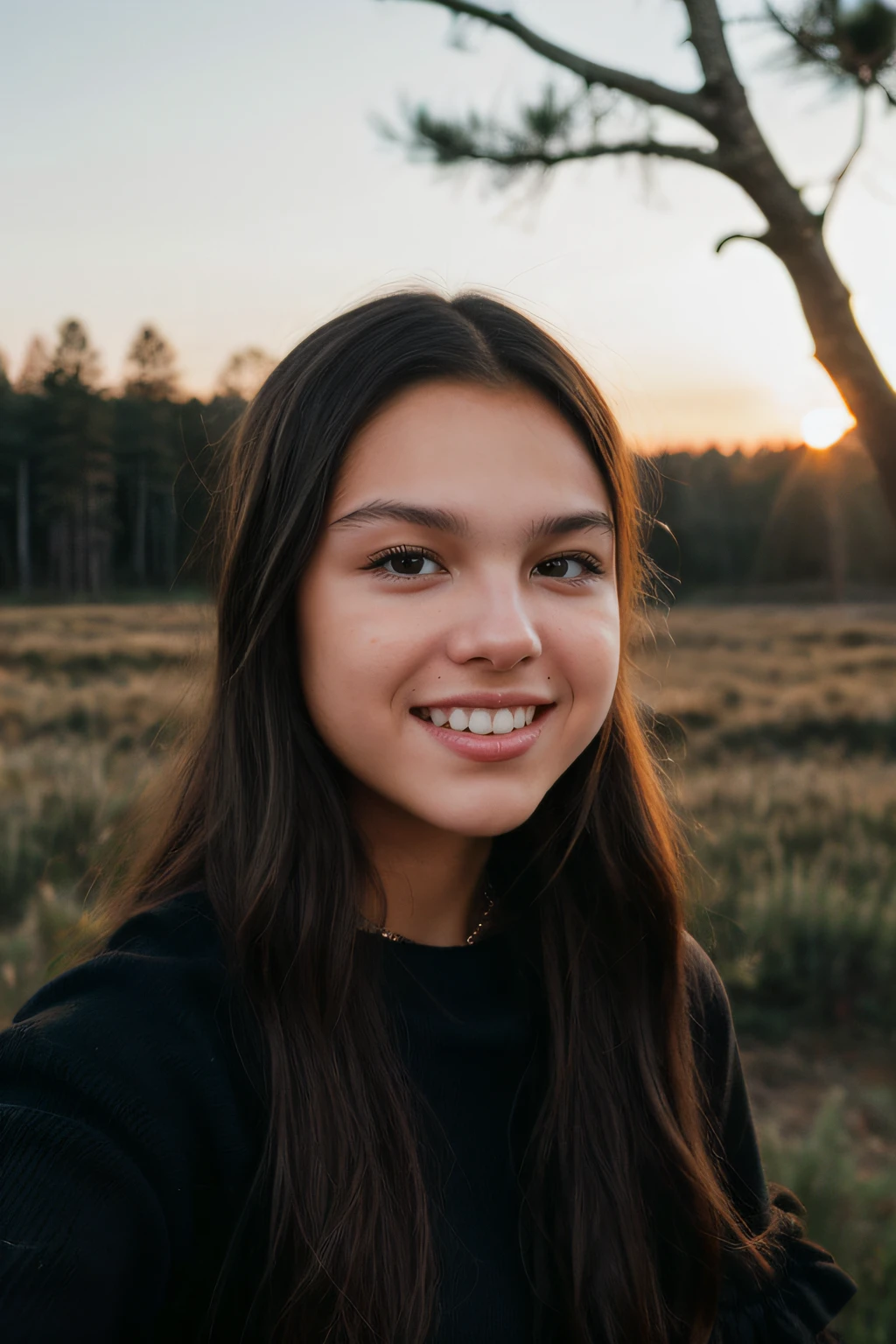 Polaroid style, ((closeup selfie)) of **** Olivia Rodrigo with (acne) and ruffled hair dressed in black sweater and jeans on the evening meadow, smile:1.4, evening, sunset, forest in the background, extremely detailed skin, skin acne, extremely detailed eyes and hair, film grain,