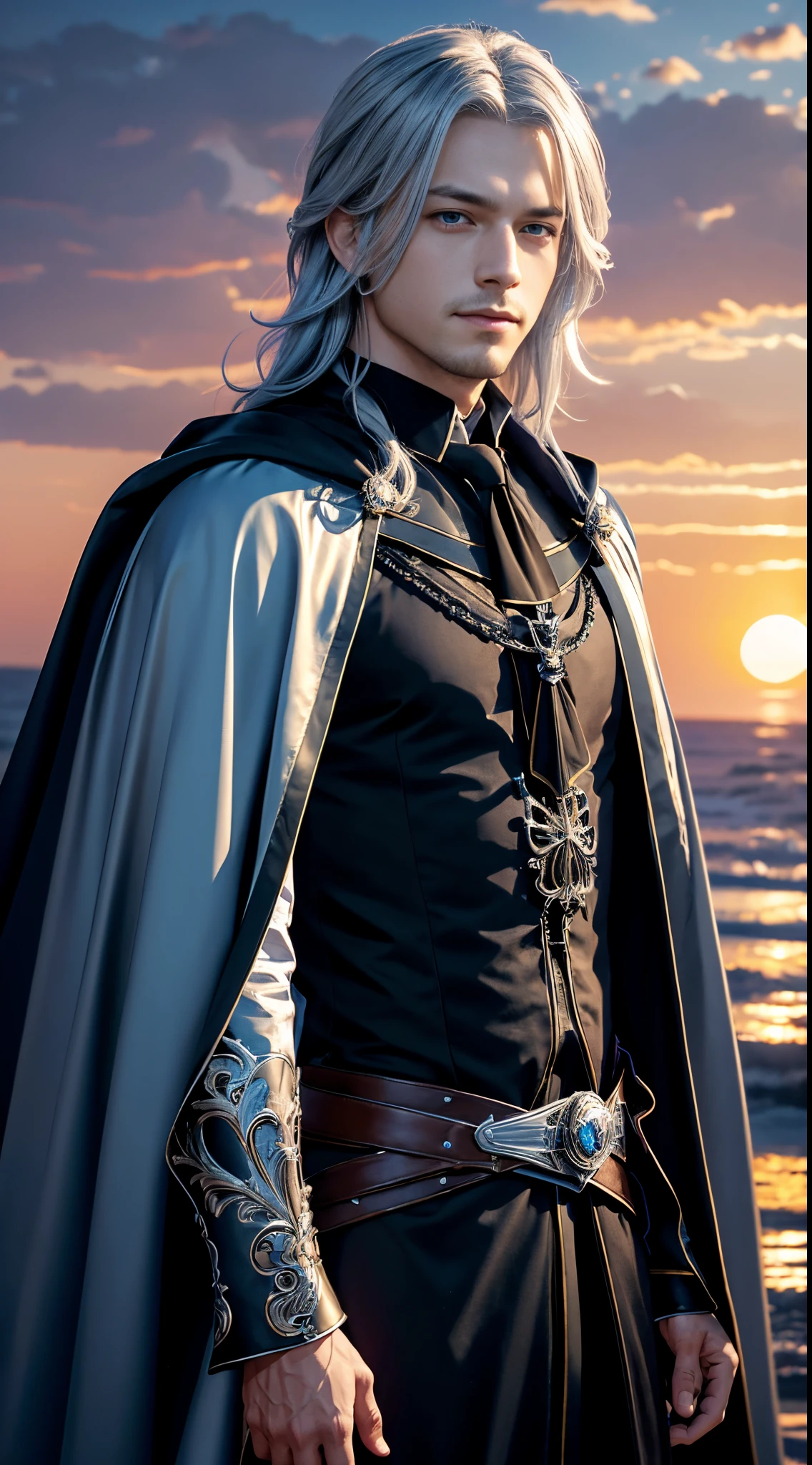 masterpiece, best quality, masterpiece,best quality,official art,extremely detailed CG unity 8k wallpaper, sunset, huge_filesize, bust, male, alternate hair length, boy, man, male, silver hair, light smile, dress, half-closed eyes, blue eyes, cape, gothic, shushing,