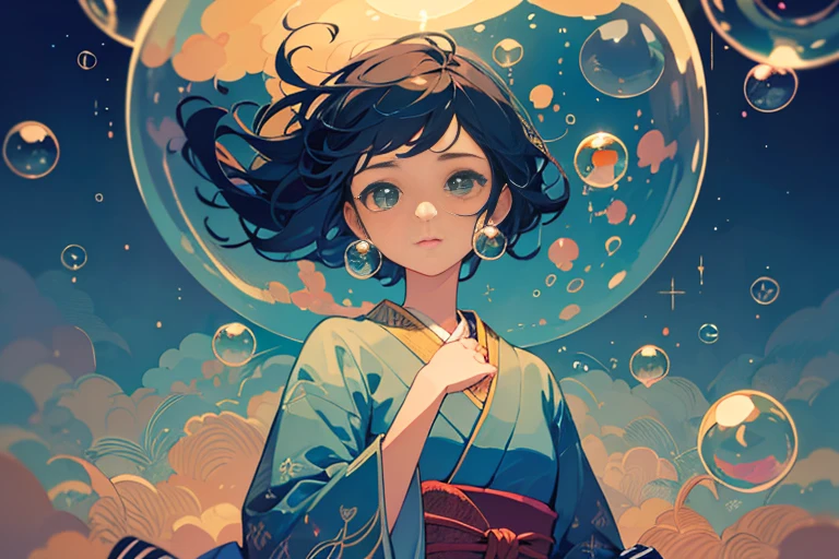 ((masterpiece)), ((ultra-detailed)), ((best quality)), beautiful detailed eyes, detailed face, best lighting, best shadows, 1girl, solo, ((classic Disney style, rim lighting, flat 2d style, Disney 2d)), ((main color is orange and green)), huge bubbles, (girl inside of a bubble:1.5), bubble island, bubble land, world made out of bubbles, freckles, cold nose, (((bubbles))), marbles, Japanese inspired, (highly detailed), swirly effect,