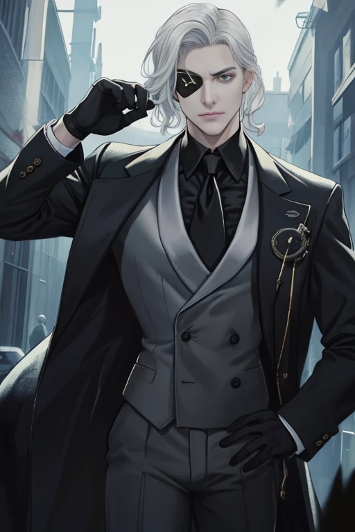 ​masterpiece, top-quality, realisitic, 1 Youth, man focus, a handsome, [portraitures], extra detailed face, Silvery hair, waved hair, Dark look,Eye patch on the right eye,black suits,Glaring Strongly,Wrinkles between the eyebrows,smil,mobster,Dramatic Lighting,Black Gloves,Vicious face,villainess,Charisma,Rasvos