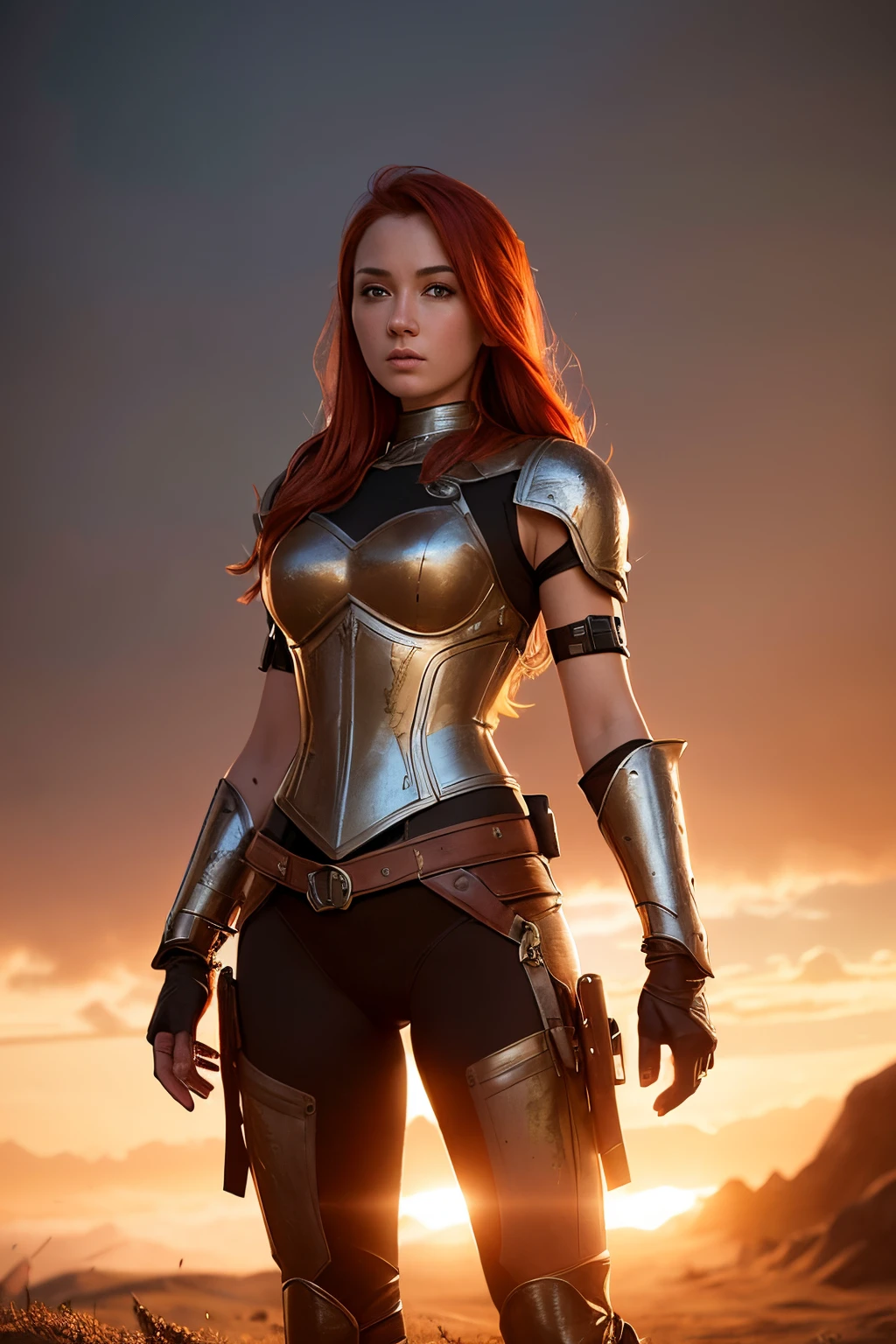1 female, In the mouth, armor, Redhead, Combat pose, PhotoRealistic, HyperRealistic, Ultra-detailed, Analog Style, bent at the waist, Modest, Low Cut, Detailed skin, Matte skin, Soft lighting, Scattered beneath the surface, Realistic, Dark Shadows, masterpiece, Highest quality, ultra Realistic, 8k, Golden Ratio, Complex, Attention to detail, Film Photography, Soft Focus, Blurred Background