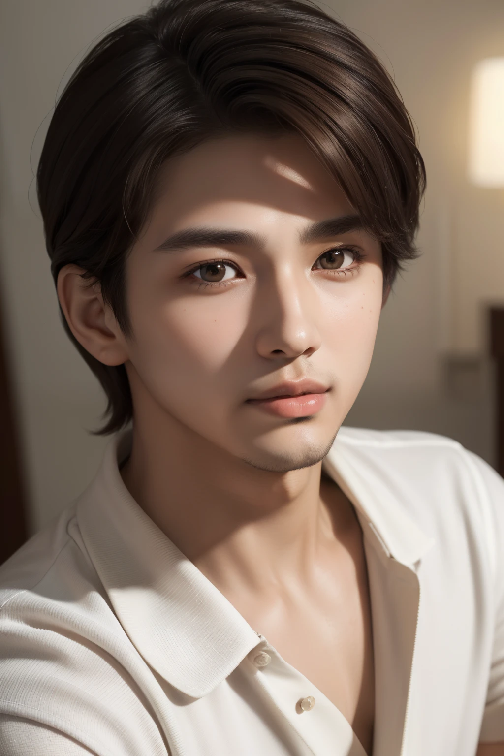 (best quality,highres,masterpiece:1.2),1 man with light brown hair and dark brown eyes, finely detailed face,beautiful detailed eyes, 20-year-old handsome Asian man with a youthful face