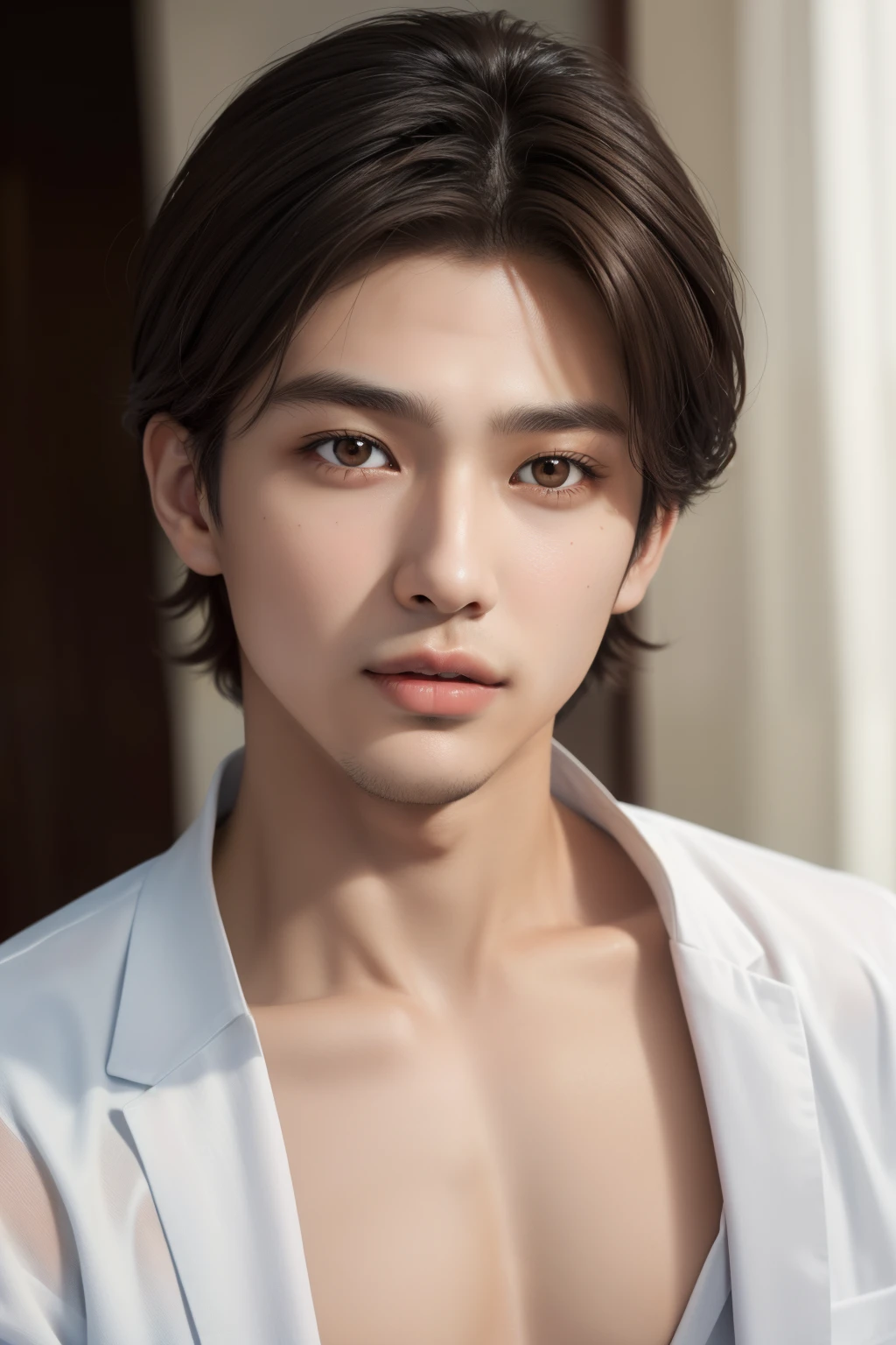 (best quality,highres,masterpiece:1.2),1 man with light brown hair and dark brown eyes, finely detailed face,beautiful detailed eyes, 20-year-old handsome Asian man with a youthful face