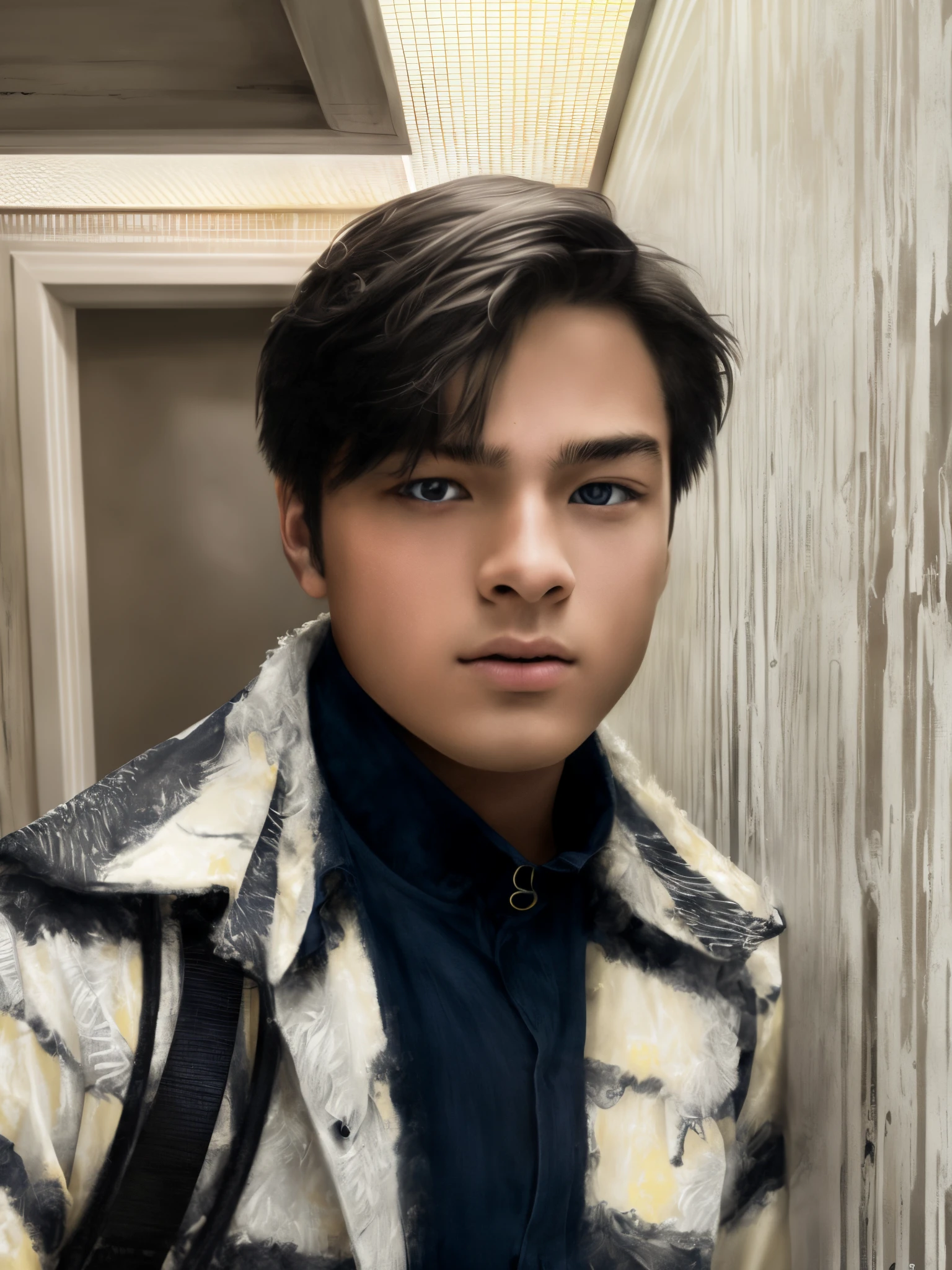 Drawing, fantasy, realism, high detail, duet, portrait, 15-year-old guy (detailing), ((with light gray hair)), ((with yellow frightened eyes)), (face detailing), in a shirt and trousers (clothing detailing), dynamic pose, fighting a fiery spirit (spirit detailing), (fire detailing), 8kk
