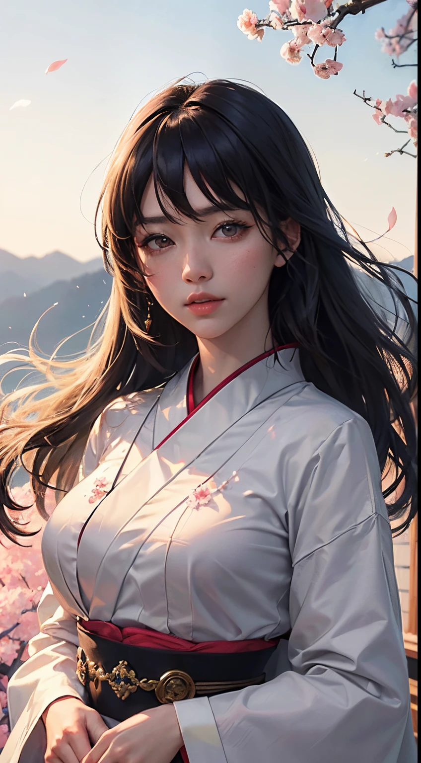 (A logo、masterpiece、8K、masutepiece、Raw photo、Fantastic、Best Quality、Photorealistic、extremely detailed CG unified 8k wallpaper、hightquality、ighly detailed、epic poem、Particle effect、Dynamic effects、depth of fields、Cinematic Light、Lens Flare、Ray tracing)、Fantasia、 (1 beautiful woman in a white coat、robe blanche、Japanese dress、A dark-haired、Beautiful face、Real Face、Beautiful detail eyes、Beautiful skin)、Hair flutters in the wind、Hair jumps、Pink cherry blossom tree、Petals flutter、Sakura blizzard、Superb view、morning glow、Sun in the background、the wind、Deities、tusk、myth、Vast Land、
