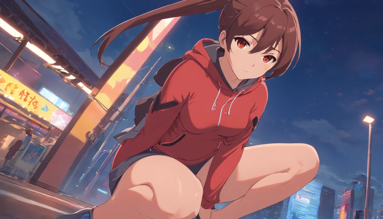 ​masterpiece、top-quality、Movie stills、1 female、Brown hairs、Colossal tits、Huge ass、red body suit、Brown eyes、thick thighs、poneyTail、wide hips、Thigh muscles、Strong thighs、White hoodie 、(Spark:0.7)、Kunoichi