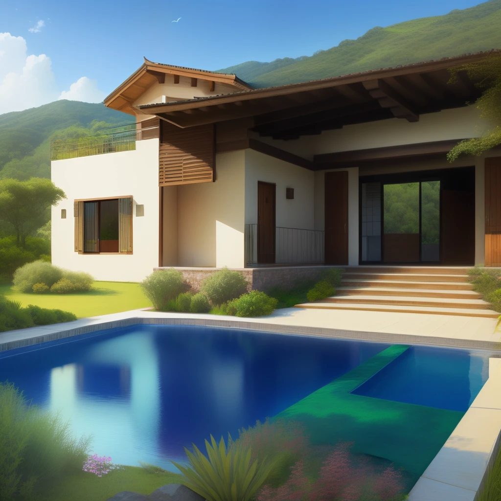 Secluded Multilevel hillside recoco style villa with a balcony overlooking a small pond in a lush green landscape