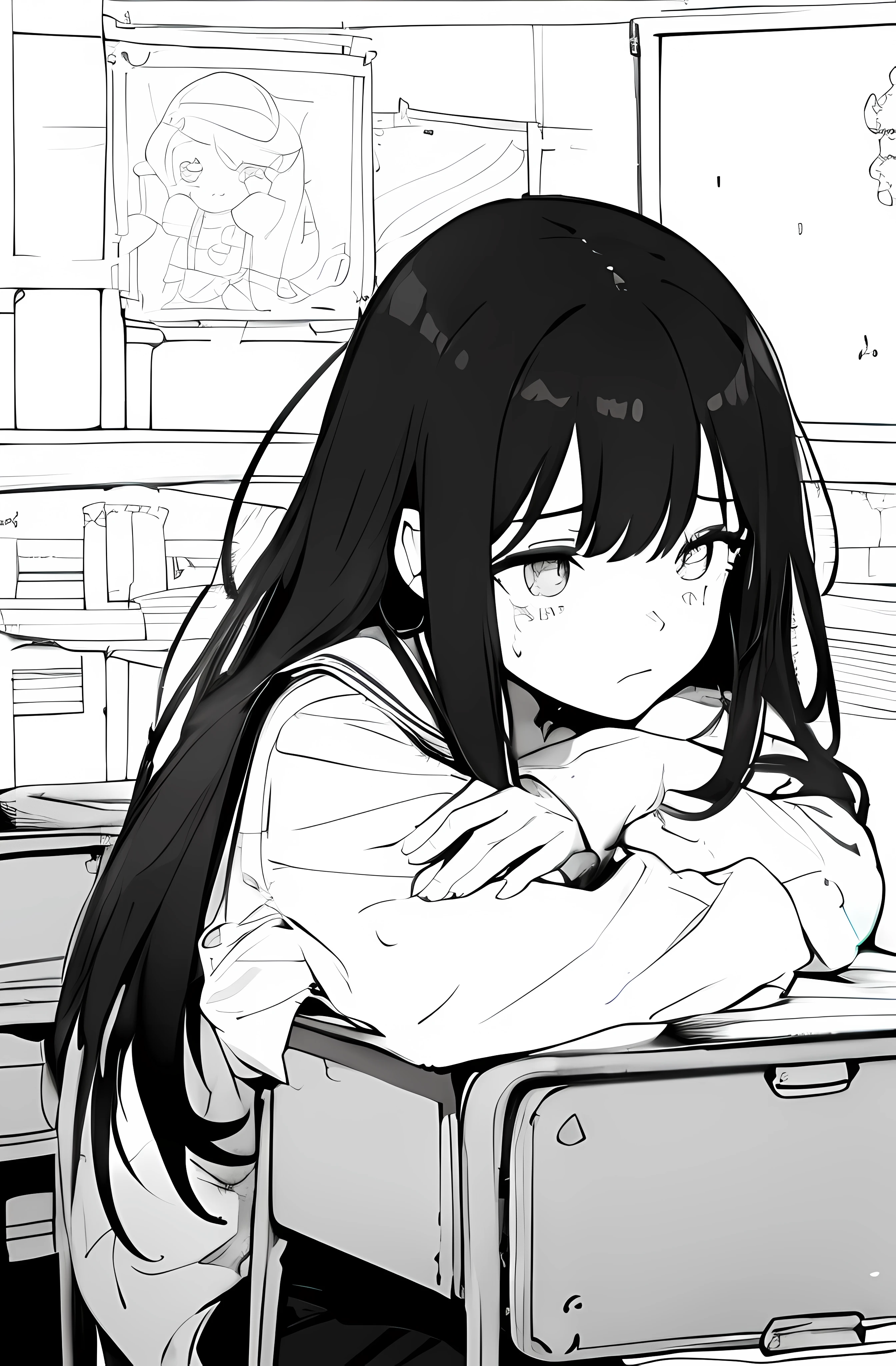 line art, comic, monochrome, illustartion, 1girl, Masterpiece, Best Quality, super detaill, A student girl with long black hair, ((classroom background:1.6)), sad, depressed, crying, expressionless, bust shot, rough expressive lines, expressive lines, dark lines, dense lines, strong line work, masterpiece, best quality, black and white manga, super fine, extremely delicate and beautiful, schoolgirl uniform