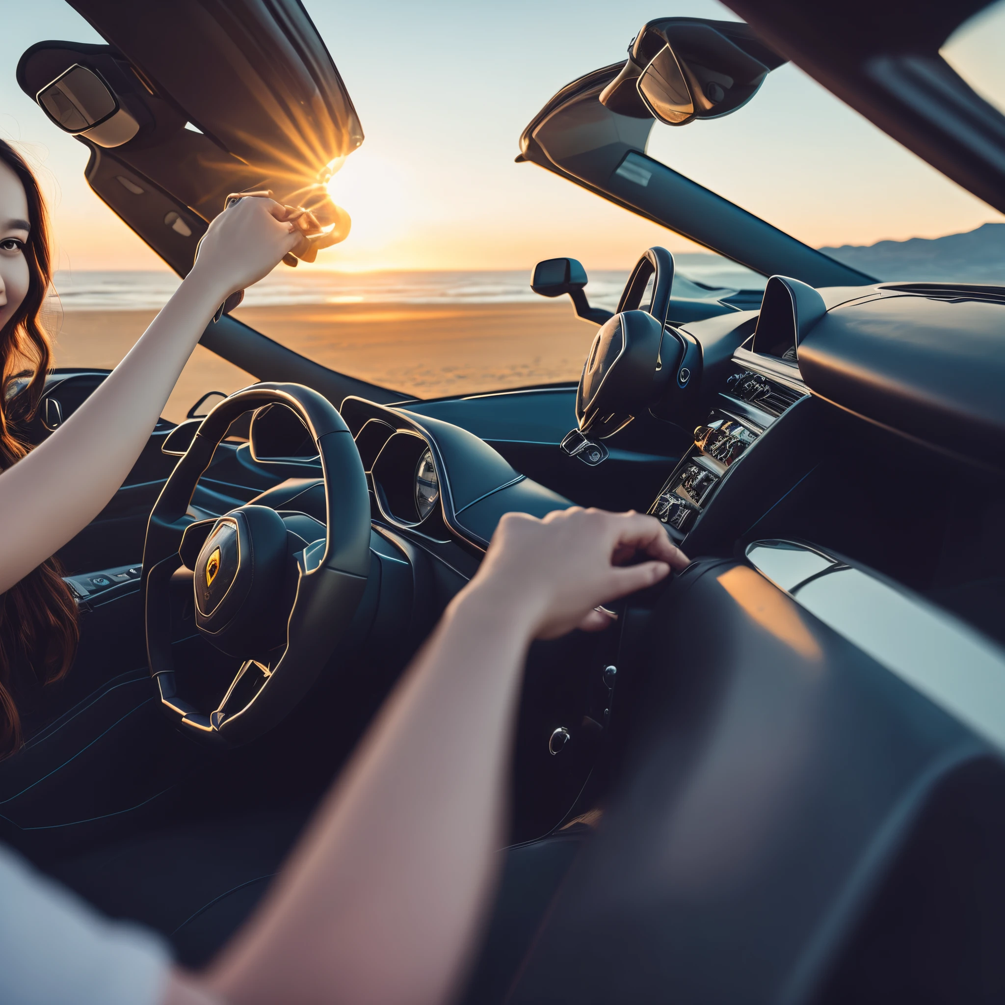 Along the seaside with a beautiful sunrise、Drive in a Lamborghini convertible car。Viewed from the driver's seat、A beautiful young woman is sitting in the passenger seat.。
Draw realistically like a photo