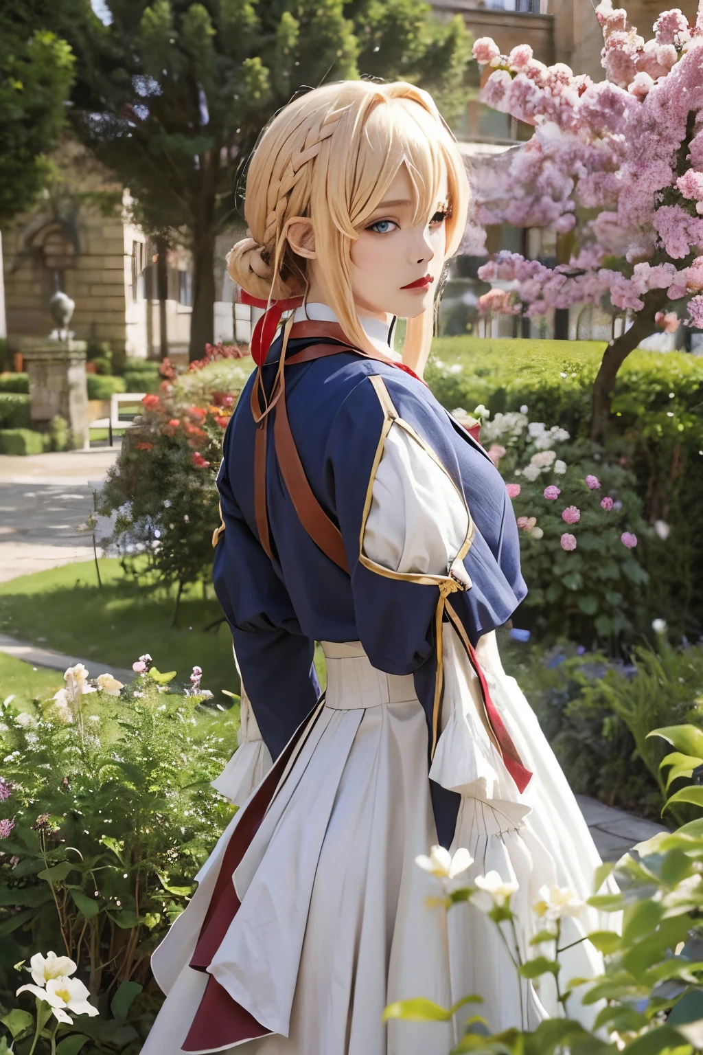 1girl in, (((masutepiece, Best Quality))),(Realistic, Photorealistic), Violet_Evergarden, Cowboy Shot, Blonde hair,braid, Red Hair Ribbon, Bangs, Short Blue Jacket, Blue long sleeves, Jewelry, Blue eyes, brooches, ascot, ((White long dress)), Looking at Viewer, Upper body, Outdoors, ((castle)),((Duan)) A city scape, green plant, Flowers,