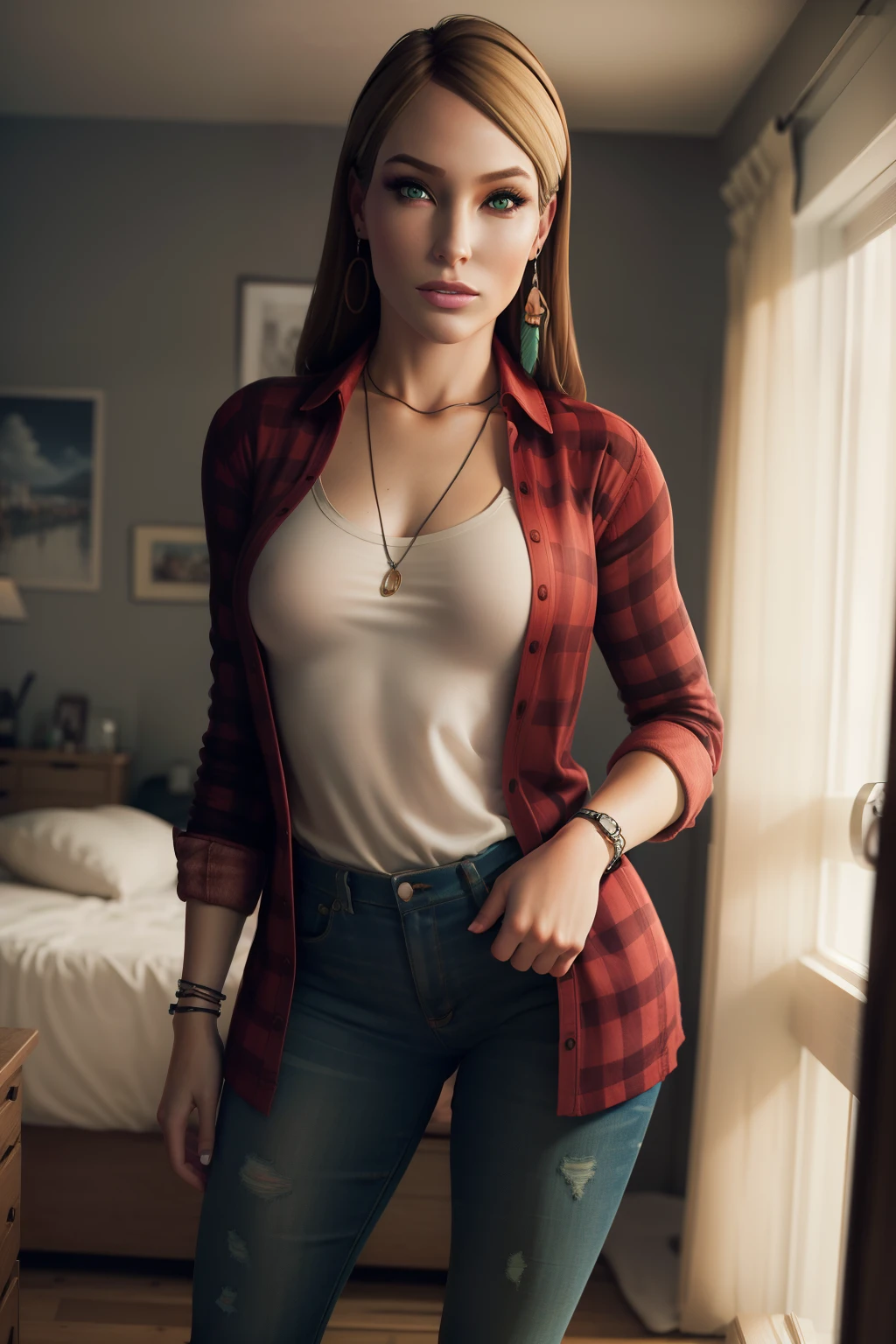 (masterpiece, best quality, ultra-detailed), RachelAmberLIS, blonde hair, green eyes, earring, medium breasts, white shirt, red plaid jacket, jeans, standing, looking at viewer, (from bellow:1.4)