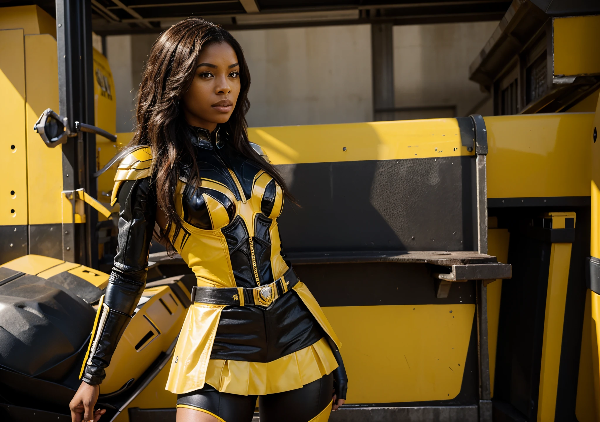 crie 4 imagens diferentes da Bumblebee da dc comics, realista, estilo quadrinhos, the character is a very beautiful black woman