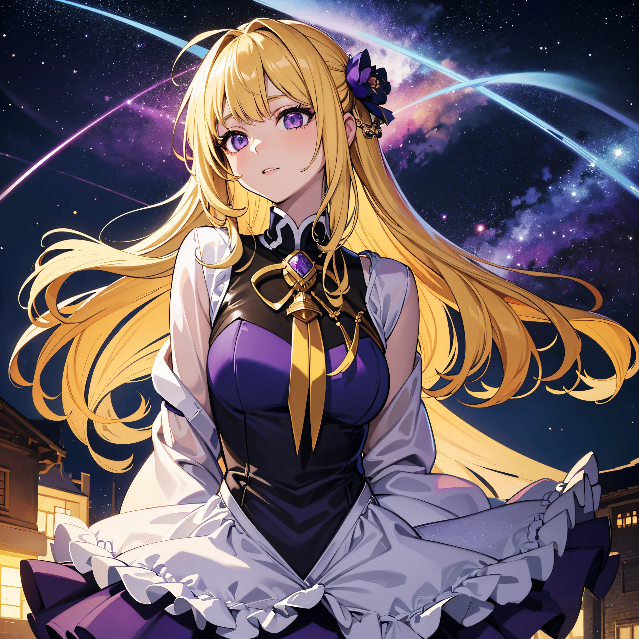 (Masterpiece), Best Quality, High Resolution, Extremely detailed, Stunningly beautiful, 1girl, 独奏, Outdoor décor, upper body face shot, longue blonde hair, purple eyes with glitter, galactic effect, Cute, juvenile, Energetic, extrovert, Moron, gorgeous schoolgirl.