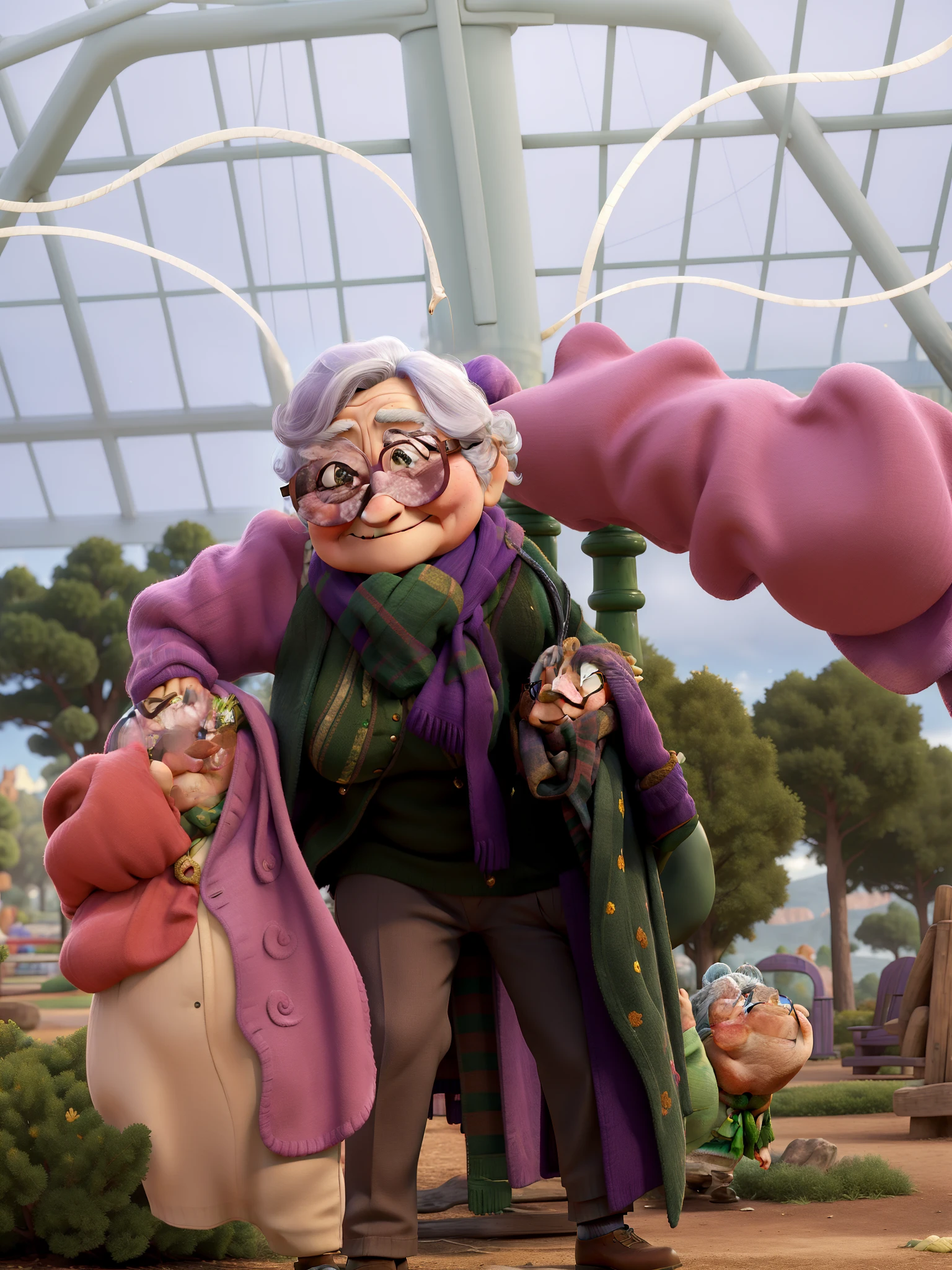 masterpiece, best quality, an old woman with glasses and a scarf on, wearing a purple coat and green scarf, standing at the park