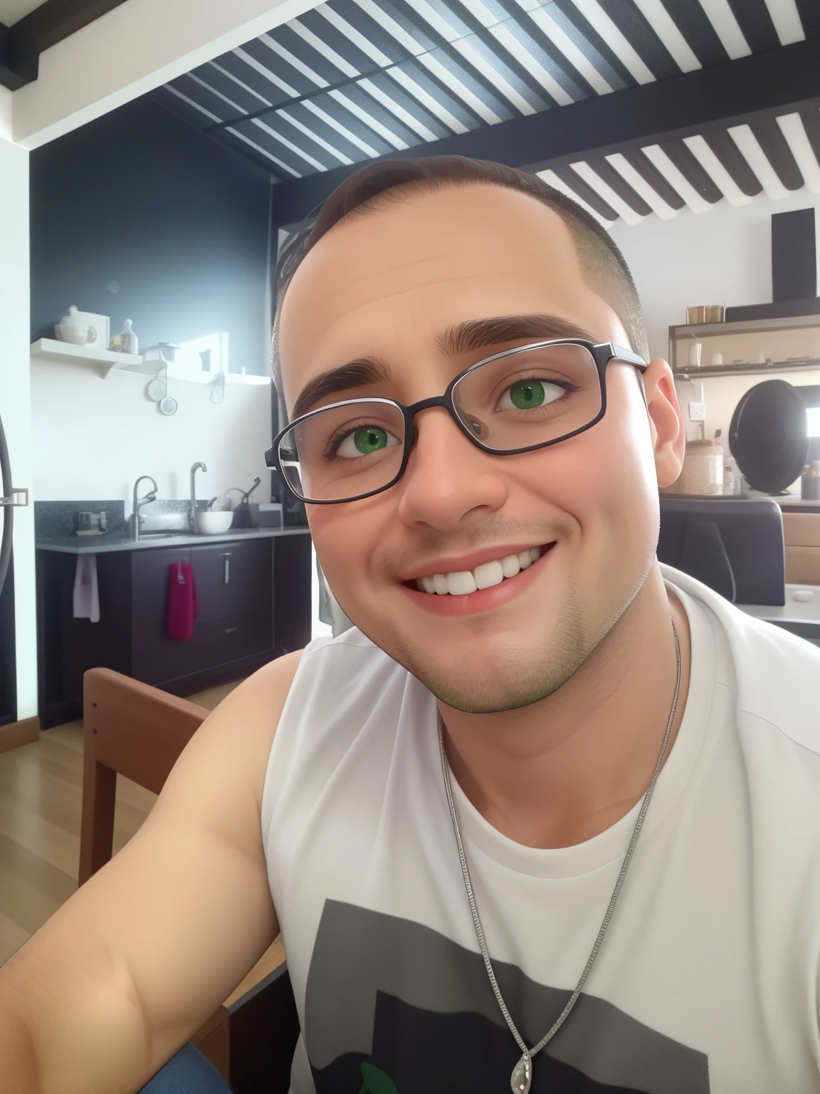 Um homem de 30 anos, com cabelos castanhos curtos,face de diamante, olhar rigoroso, e olhos castanhos, Wearing a green shirt and glasses.