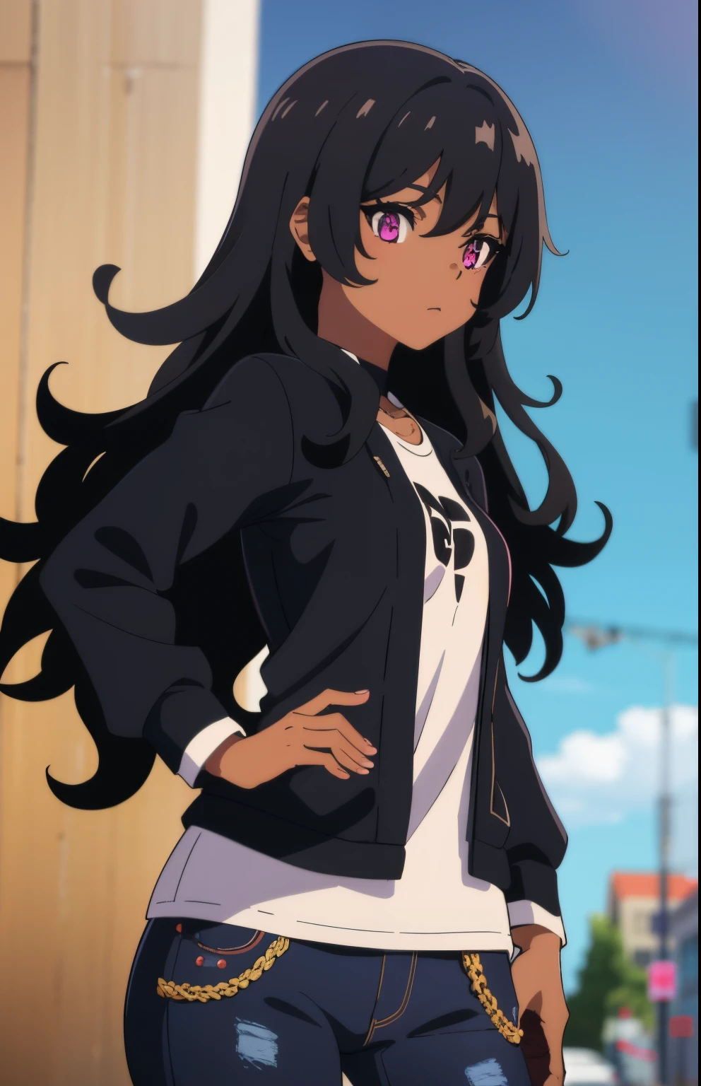 1 girl, brown skin, (masterpiece), curly hair, Small breasts, Black hair, pink eyes, Black jacket, white shirt, jeans, anime girl, latina,