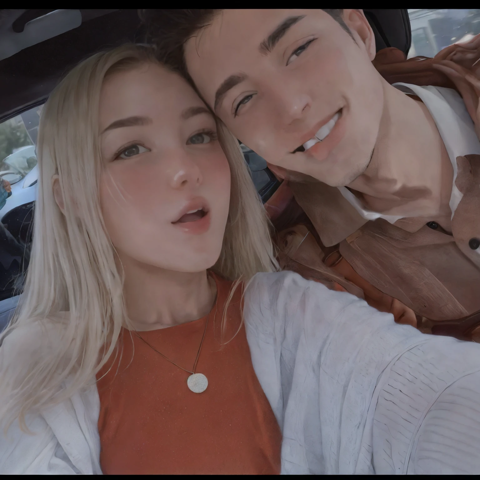 Couple taking selfie in car