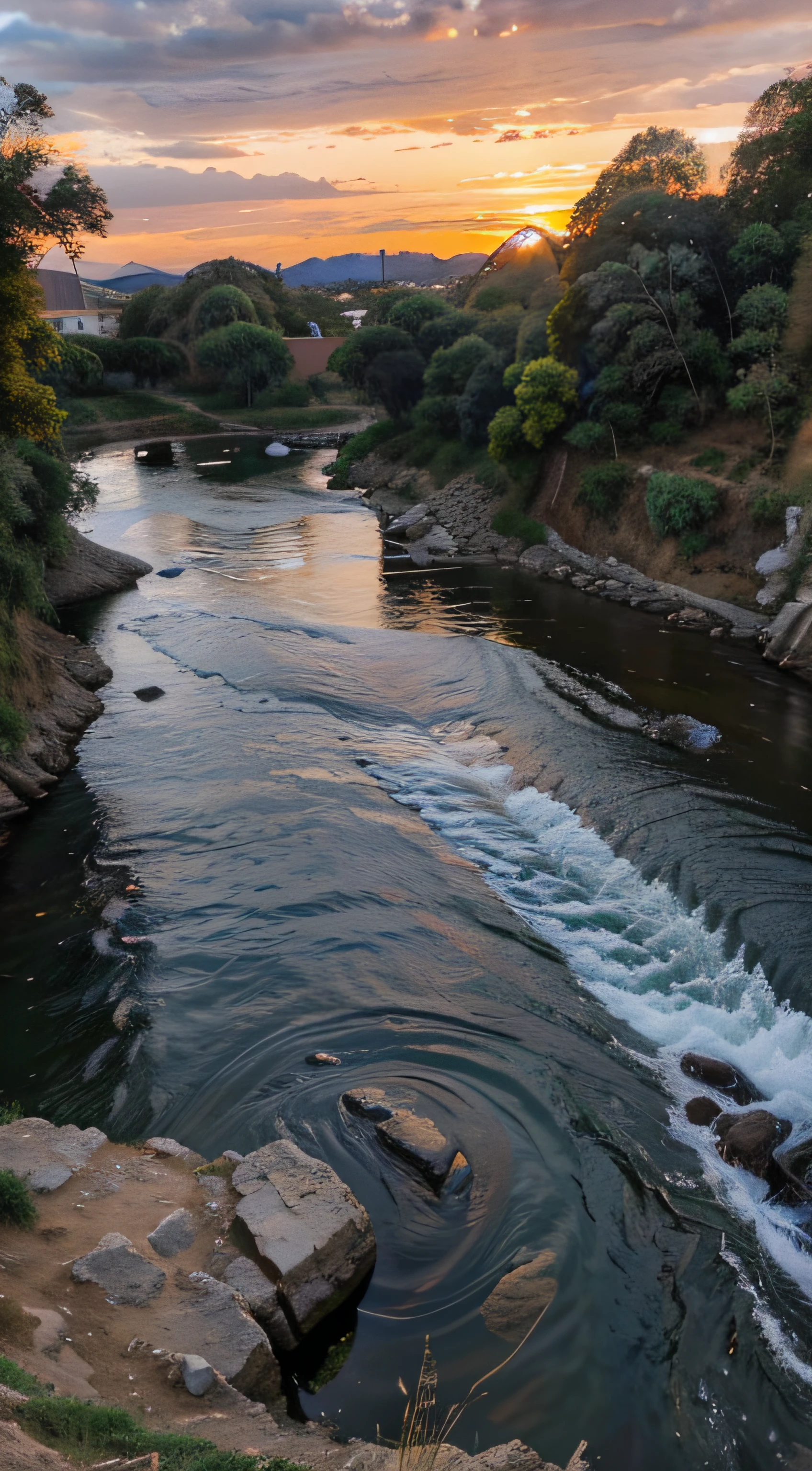 um lindo pasto com um homem jovem com muitas ovelhas, a river with rocks in the river and a beautiful sky with a sunset.