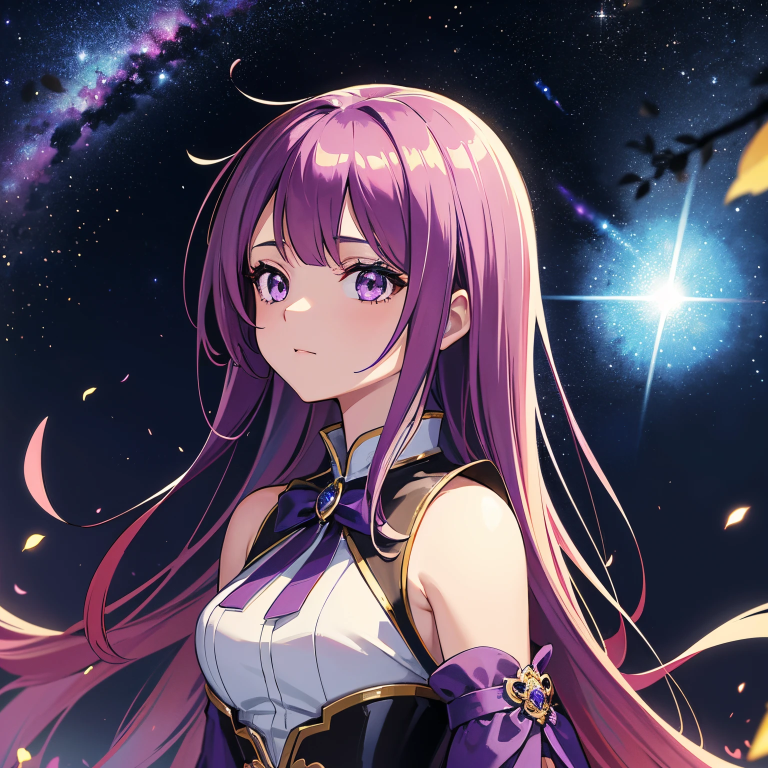 (masutepiece), Best Quality, High resolution, Extremely detailed, stunningly beautiful, 1girl in, 独奏, outdoor decoration, Upper body face shot, long Brond Hair, Sparkly purple eyes, galaxy effect, Cute, Juvenile, Energetic, extrovert, moron, gorgeous high school girl.
