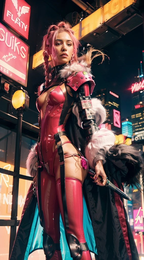 Beautiful latin woman, pink braids hair, hoops earing, fur coat, red body suit armor mecha, standing holding weapon futuristik,Cyberpunk style, at strip club cyberpunk. Full smoke coloring and neon Lights around her