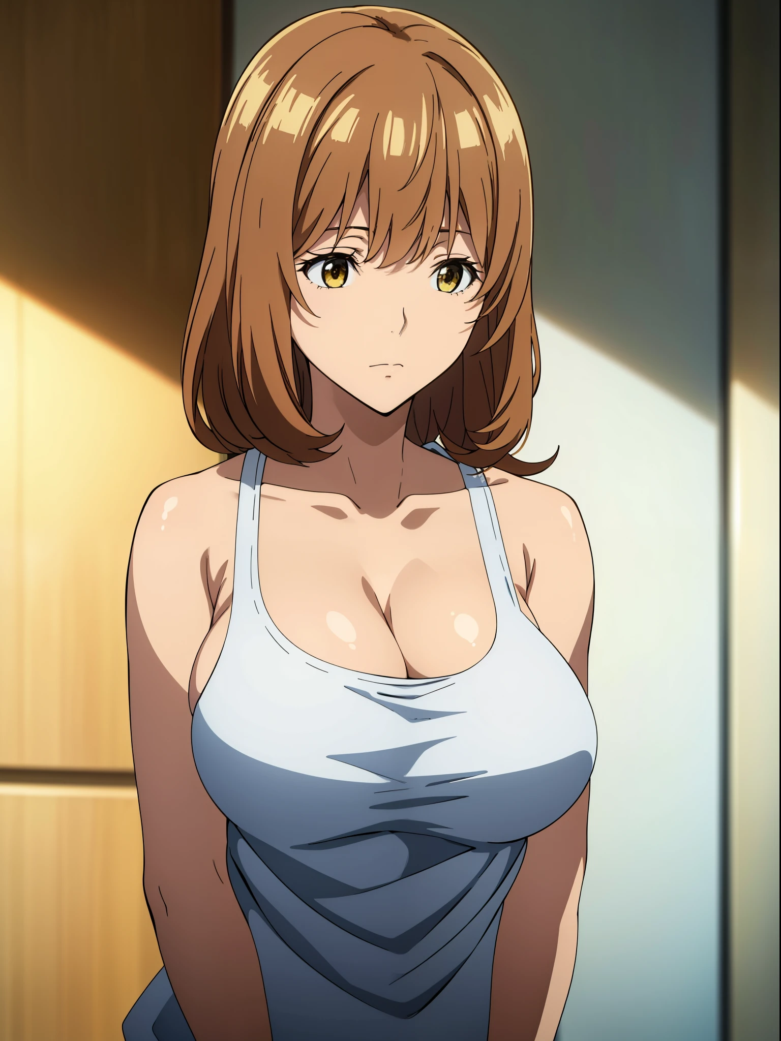 Best Quality, masutepiece, Brown hair, Yellow eyes, Yuriko Aoki, Embarrassed look, (oversize breast:1.5), cleavage of the breast, (white tank-top:1.5, no-bra:1.3, Thin fabric), Slimed, Arms Down, Breast squeeze, Upper body, Bedrooms, (Perfect Anatomy, perfect detailed body, Beautiful detailed eyes, Beautiful detailed skin),