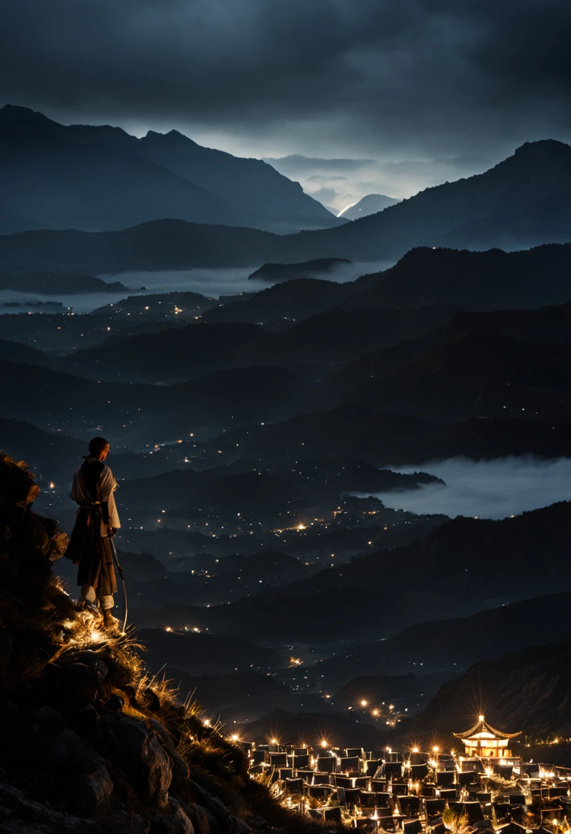 vista lejana, samurai viendo su pueblo en la oscuridad de la noche