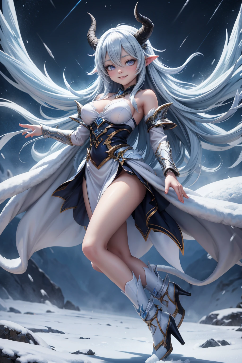 full length view of young smiling female ice demon, wearing heels, with horns, controlling blizzard with her arms and body in dynamic motion, surrounded by blizzard and ice, cold winter themed, hyper detailed, cinematic light, endless melody