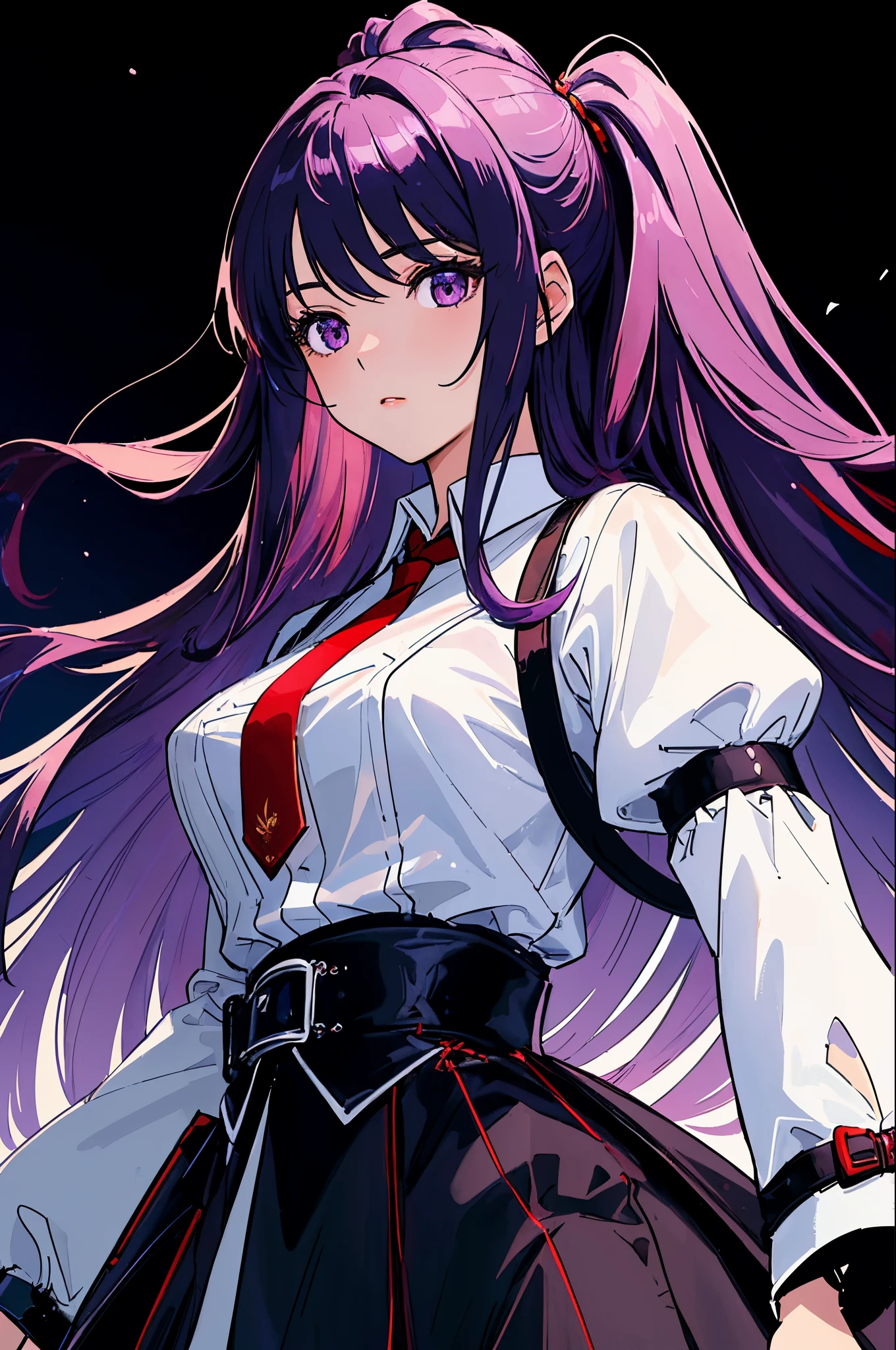 ((tmasterpiece, beste-Qualit)), a 1girl, High, a cute young woman, long purple hair with red undertones, white shirt, gown, black belt with garters, body and face close up, drawn eyes and hands, Beautiful Black Dress, In the background is the night city