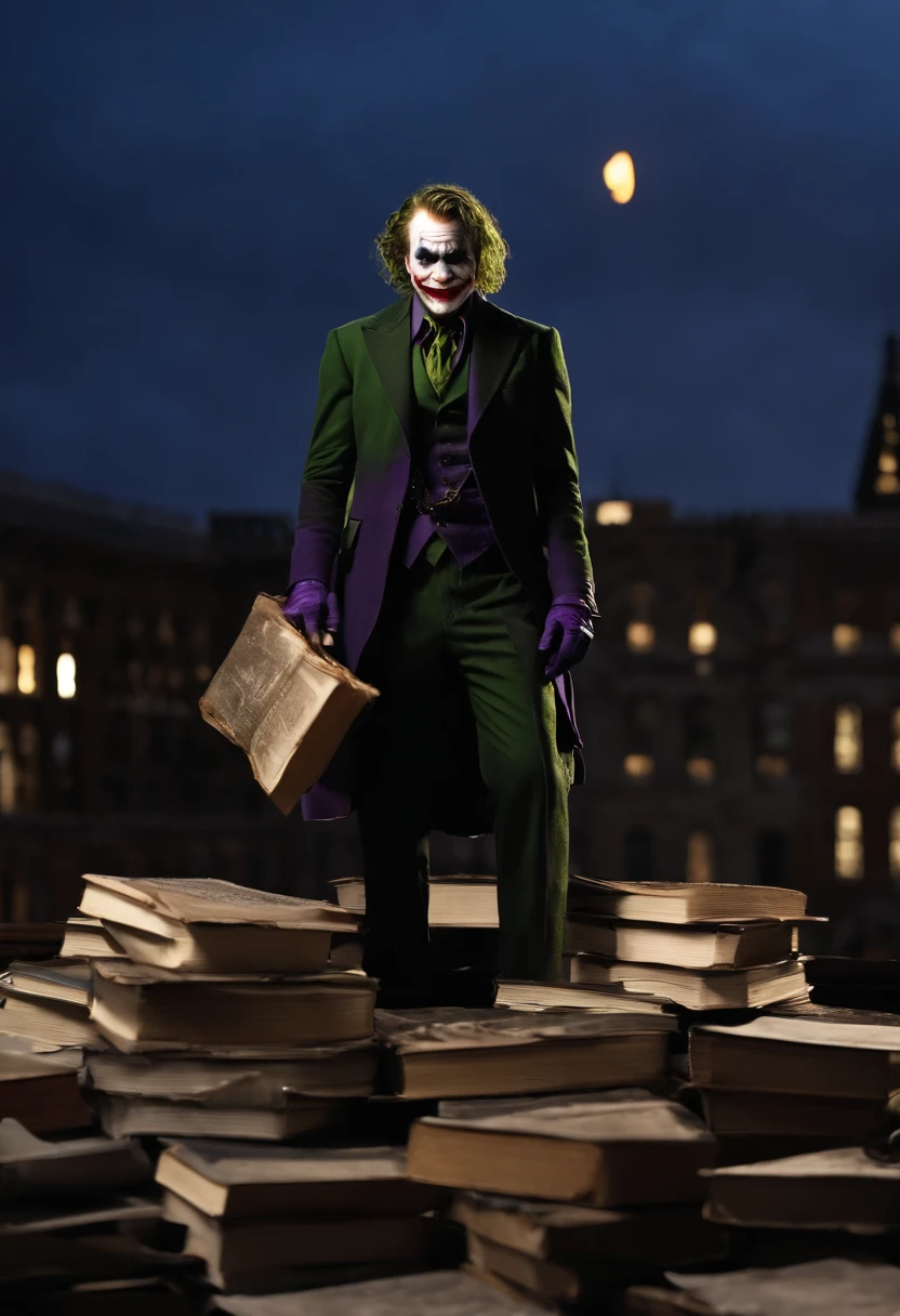 A photo of the Joker standing on top of a Gotham City university, holding a stack of burning books and laughing maniacally,The Dark Knight,Heath Ledger’s portrayal of the Joker in “The Dark Knight” is marked by his disheveled, greasy hair, smudged clown makeup, and a chilling, scarred smile that gives him a menacing and unpredictable appearance. His attire, a mismatched suit with a ragged purple coat, adds to his chaotic and anarchistic persona.