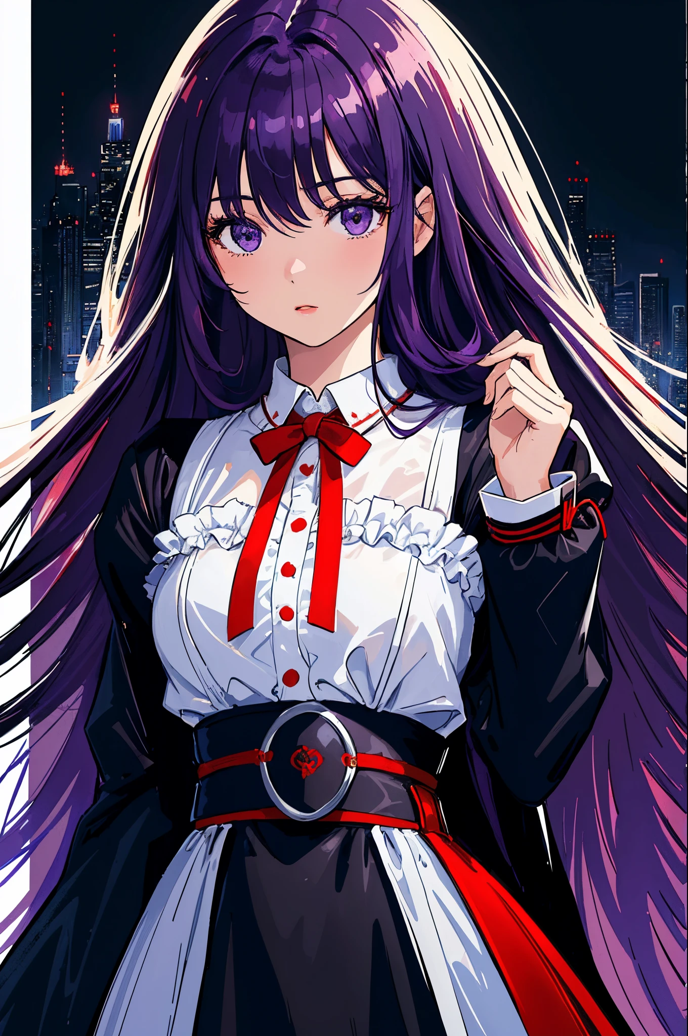 ((tmasterpiece, beste-Qualit)), a 1girl, High, a cute young woman, long purple hair with red undertones, white  shirt, gown, black belt with garters, body and face close up, drawn eyes and hands, Beautiful Black Dress, In the background is the night city