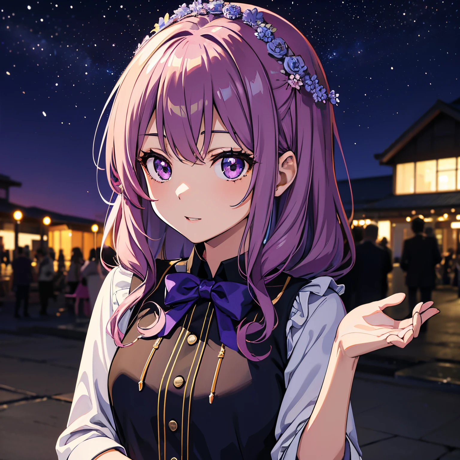 (masutepiece), Best Quality, High resolution, Extremely detailed, stunningly beautiful, 1girl in, 独奏, outdoor decoration, Upper body face shot, long Brond Hair, Sparkly purple eyes, galaxy effect, Cute, Juvenile, Energetic, extrovert, moron, gorgeous high school girl.