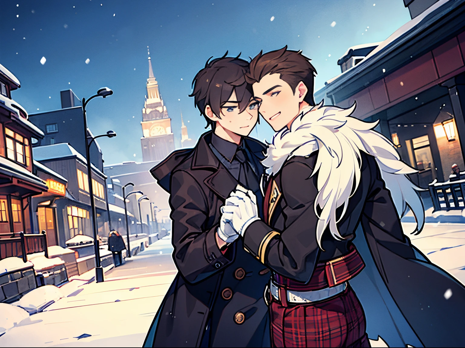 two male relationship,2guy,male face,male coat fasion style,gloves,handsome man,man style,at winter city,snow