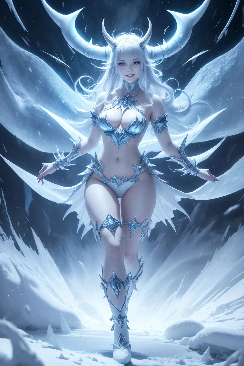 full length view of young smiling female ice demon, wearing heels, with horns, controlling blizzard with her arms and body in dynamic motion, surrounded by blizzard and ice, cold winter themed, hyper detailed, cinematic light, endless melody