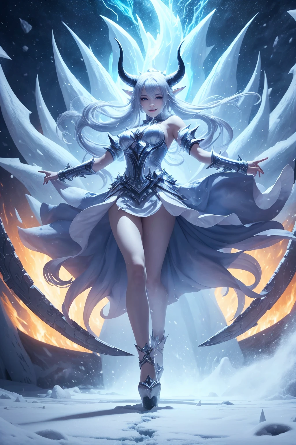 full length view of young smiling female ice demon, wearing heels, with horns, controlling blizzard with her arms and body in dynamic motion, surrounded by blizzard and ice, cold winter themed, hyper detailed, cinematic light, endless melody
