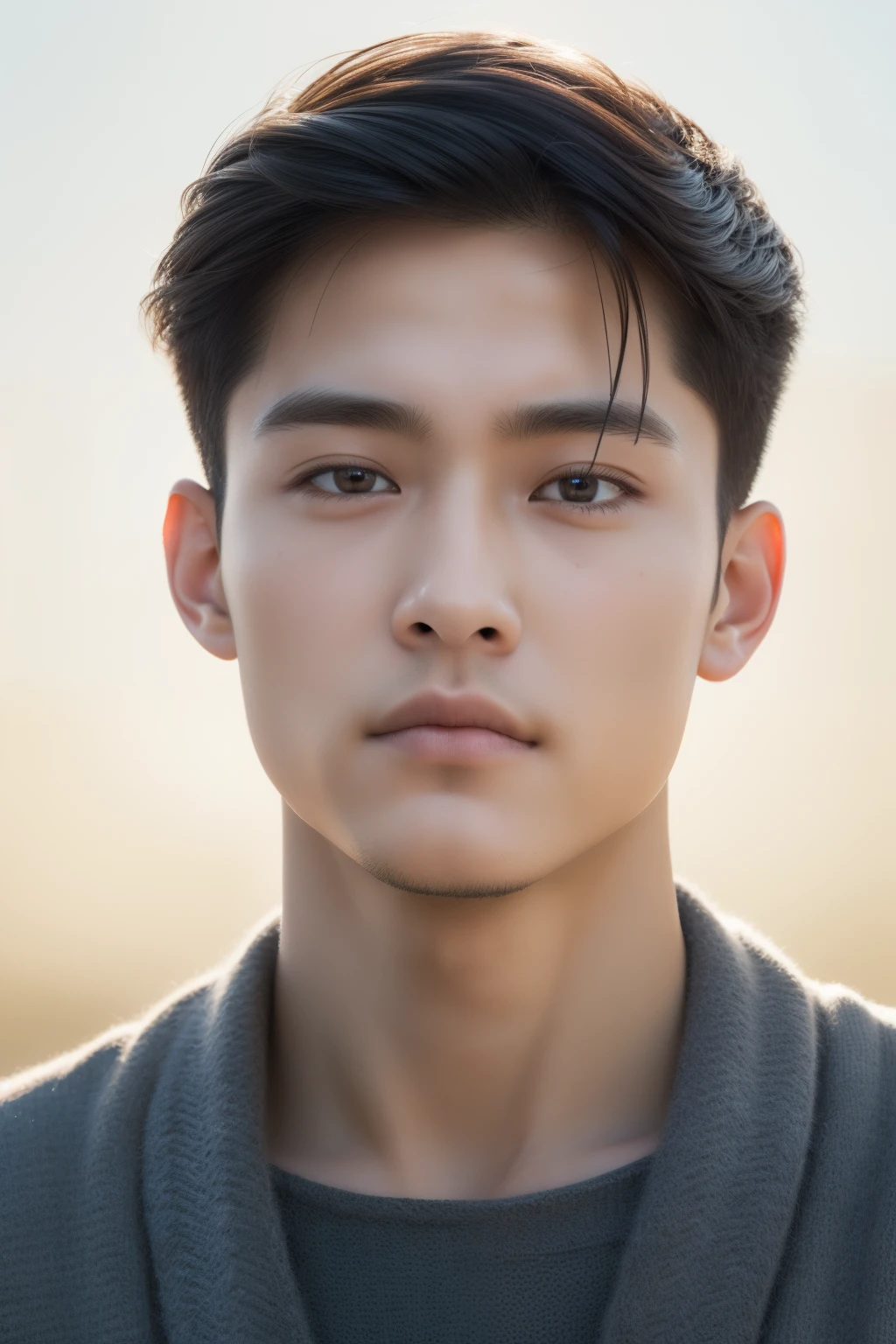 top-quality, master-piece, 超High resolution, (Reality: 1.4), Original photo, Wall Paper, head portrait, Skindentation, simple background, Black eyes, detaild, Selfie, 1 Boy, 25 years old, handsome, Wind gusts, Rays of sunlight, house、Room、An amazing handsome young man.、kawaii、Middle section、refreshing、The eyebrows are not too thick.、Frozen face、musculature