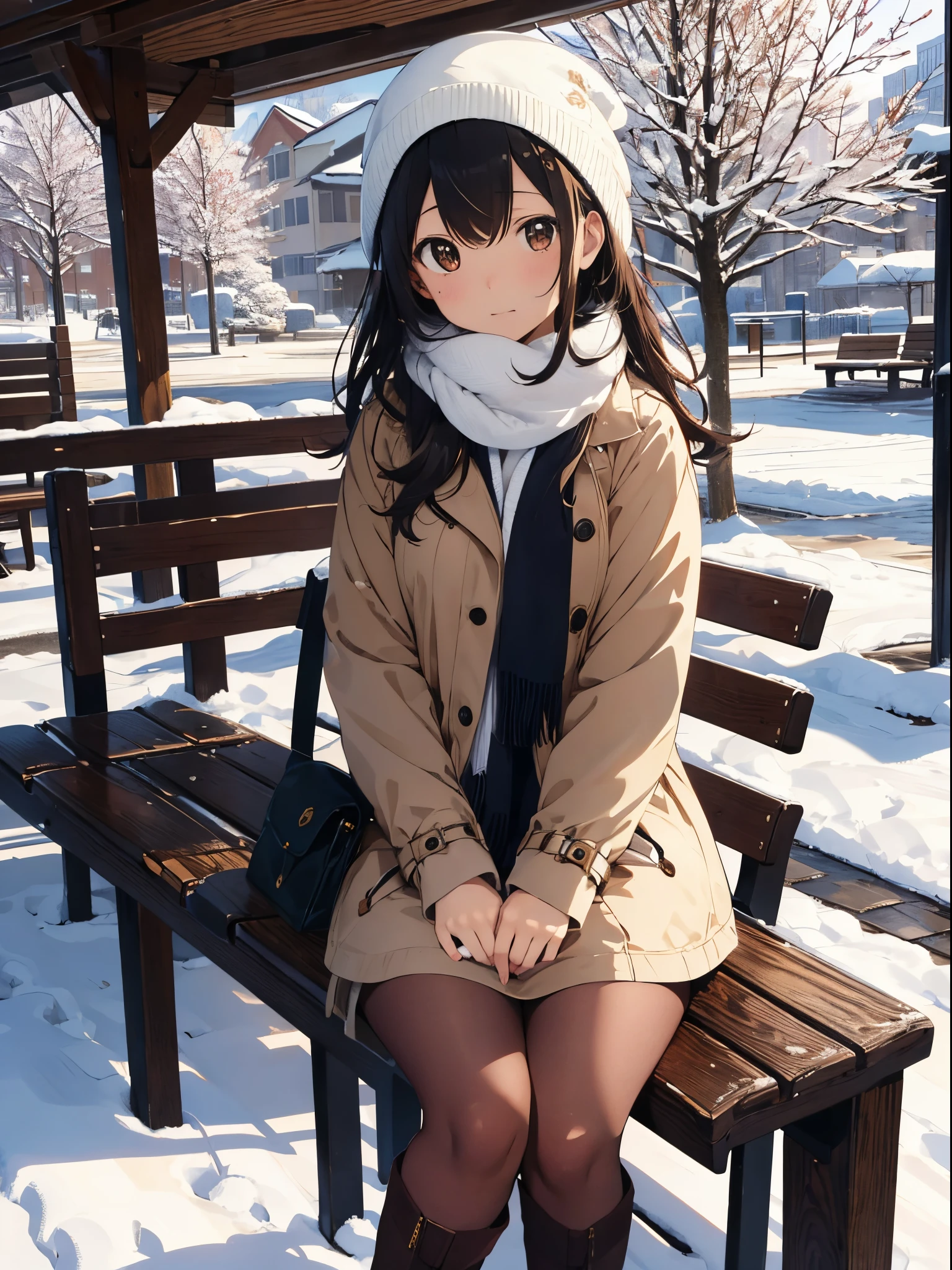 (masutepiece),(Best Quality), Yuki, Brown coat,  scarf, knee high, blank eye, expressionless face, Park, waiting, Benches, Snow, Yuki, tree, Nature,