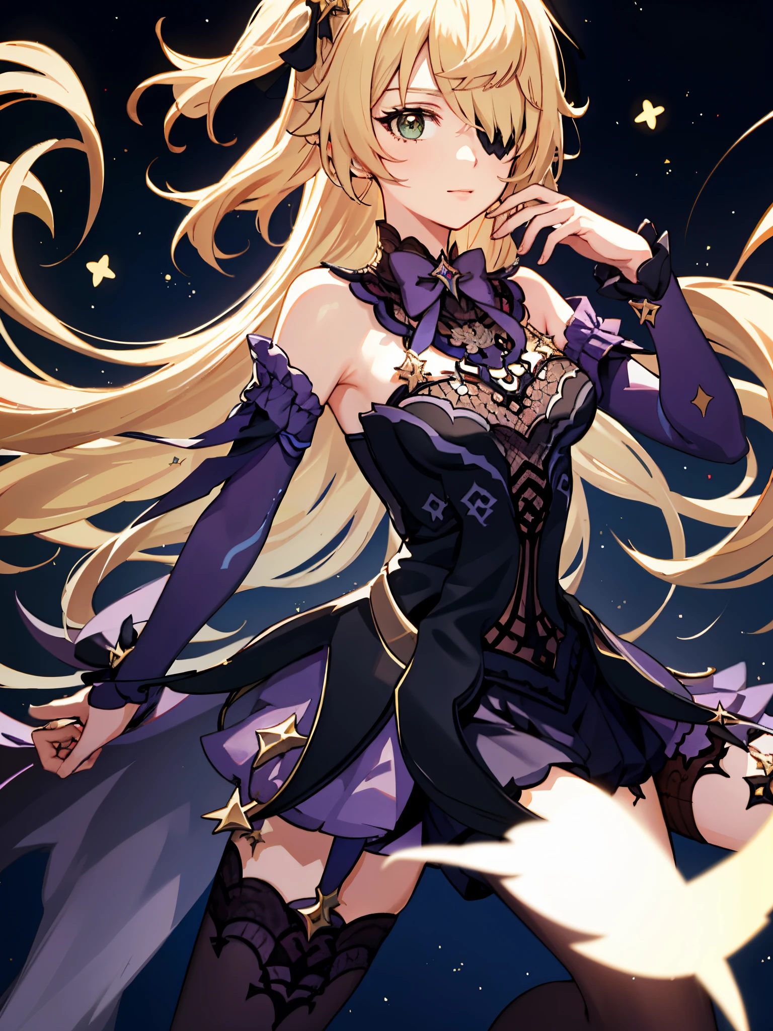 fischl (GenshinImpact), 1 girl (Solo:1.4), a blond, background starry sky map