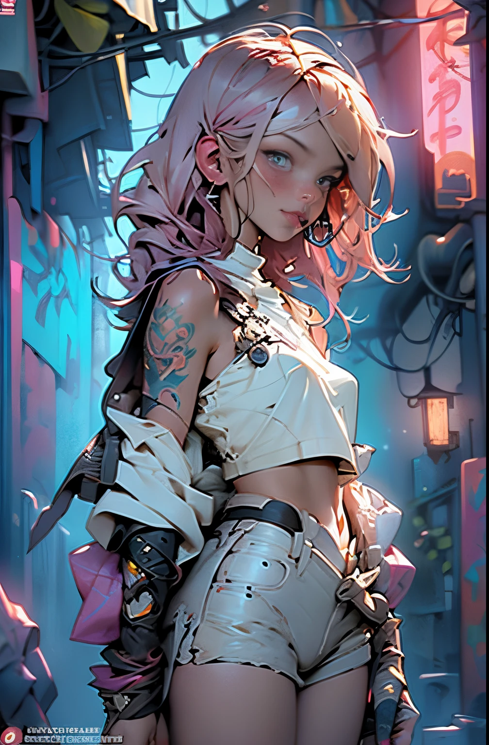 Gwenpool, colosseum,cybe,tattoo,without clothes,savage,small bust,Machine hands,shoulder length messy hair no clothing,detailed beautiful face,detailed beautiful eyes,shieid,happy, smail, super detailed skin,(Beautiful slender style anime girl), hyperdetailed painting, luminism, art by Carne Griffiths and Wadim Kashin concept art, 4k resolution, fractal isometrics details bioluminescence , 3d render, octane render, intricately detailed , cinematic, trending on artstation Isometric Centered hyperrealistic cover photo awesome full color, hand drawn , gritty, realistic mucha , intricate, hit definition , cinematic,Rough sketch, bold lines, on paper,((doragon)).((water))