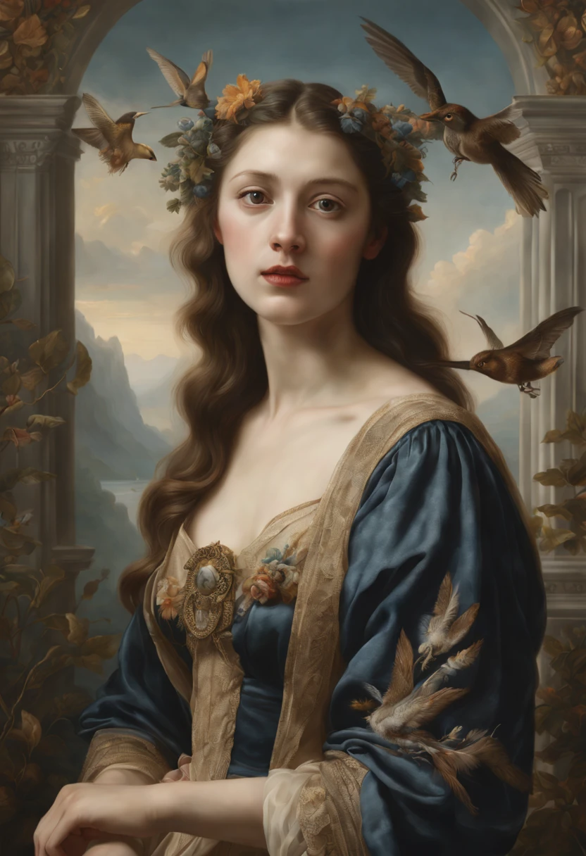 Perfect portrait of a woman with Flora and Fauna, dark color background, subdued background with elegant textile drapery with ornament, all flying in the sky, photorealistic, wide view around this photorealistic matte painting, realistic painting of air and water, in style of Bouguereau, Maria Sibylla Merian, Amalie Kärcher, Barbara Regina Dietzsch, John James Audubon, John Gould painting, Osamu Obi style painting, Stephen Bauman style painting, Jacek Malczewski style painting, Albrecht Dürer style painting Painting style of Ricardo Ferandez Ortega, knowledge of anatomy, master pencils and watercolors on paper, unreal engine, hyperreal, surreal art, digital art, digital painting, digital illustration, world made by light, soft lighting, extreme details, National Geographic photo, extremely detailed background, photorealism, dynamic composition, 8k, ultra resolution, cinematic, extreme wide shot, surrealism, maya rendering, maximum detail, uhd, 32k photorealistic resolution, hdr, high octane rendering Cinematic lighting, ultra high definition, artstation, Smooth, sharp focus, Photorealism, Photography, Realistic Detail, Depth of field, 8k, Full HD, 3d, 30 megapixels, Super resolution, octane render