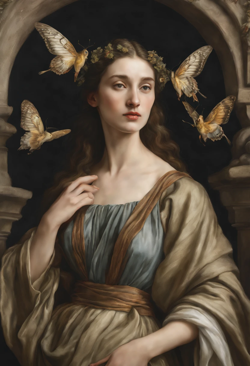 Perfect portrait of a woman with Flora and Fauna, dark color background, subdued background with elegant textile drapery with ornament, all flying in the sky, photorealistic, wide view around this photorealistic matte painting, realistic painting of air and water, in style of Bouguereau, Maria Sibylla Merian, Amalie Kärcher, Barbara Regina Dietzsch, John James Audubon, John Gould painting, Osamu Obi style painting, Stephen Bauman style painting, Jacek Malczewski style painting, Albrecht Dürer style painting Painting style of Ricardo Ferandez Ortega, knowledge of anatomy, master pencils and watercolors on paper, unreal engine, hyperreal, surreal art, digital art, digital painting, digital illustration, world made by light, soft lighting, extreme details, National Geographic photo, extremely detailed background, photorealism, dynamic composition, 8k, ultra resolution, cinematic, extreme wide shot, surrealism, maya rendering, maximum detail, uhd, 32k photorealistic resolution, hdr, high octane rendering Cinematic lighting, ultra high definition, artstation, Smooth, sharp focus, Photorealism, Photography, Realistic Detail, Depth of field, 8k, Full HD, 3d, 30 megapixels, Super resolution, octane render