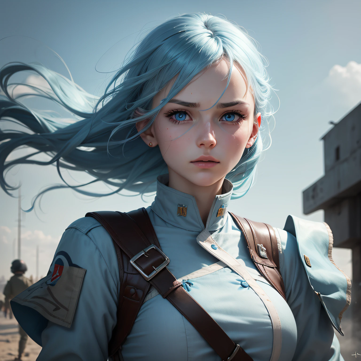 a russian girl with light blue hair, beautiful blue eyes, right modern war dress looking away with her hair blowing in the wind, the war behind her, ultra realistic.