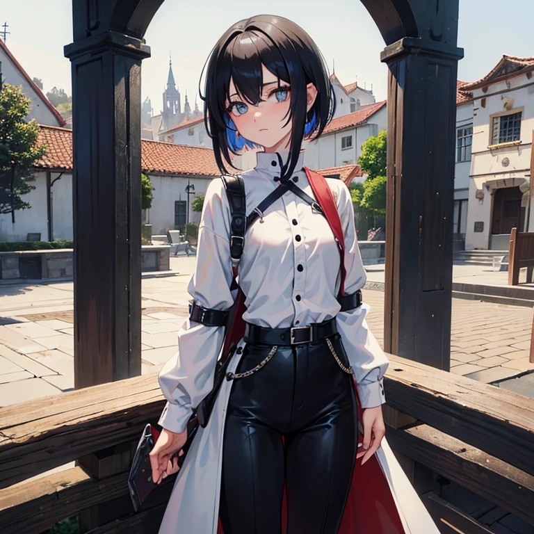(melhor qualidade: 1.0), (super high res: 1.0), 1girl, personagem extremamente detalhado, detailed hands, Half-dragon girl, chifres, Girl with black dragon tail, Black dragon tailed, Cabelo extremamente detalhado, Cabelo curto, Short hair, cabelo amarrado, ((Cabelo branco)), olhos extremamente detalhados, olho com cores diferentes, Heterocromia, olho direito branco, olho esquerdo preto, dragon eyes, 2D, Arte de Anime, ((barnet)), ((corpo inteiro)), standing on her feet, medieval, RPG, altura pequena, peitos pequenos, adolescent, olhar morto, grim expression, worried, look of tiredness, (long sleeve shirt + white + open buttons), tight pants, black jacket, medieval clothes,brincos brancos de estrela