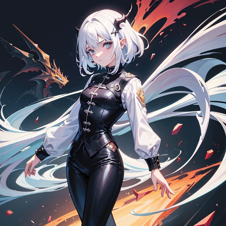 (melhor qualidade: 1.0), (super high res: 1.0), 1girl, personagem extremamente detalhado, detailed hands, Half-dragon girl, chifres, Girl with black dragon tail, Black dragon tailed, Cabelo extremamente detalhado, Cabelo curto, Short hair, cabelo amarrado, ((Cabelo branco)), olhos extremamente detalhados, olho com cores diferentes, Heterocromia, olho direito branco, olho esquerdo preto, dragon eyes, 2D, Arte de Anime, ((barnet)), ((corpo inteiro)), standing on her feet, medieval, RPG, altura pequena, peitos pequenos, adolescent, olhar morto, grim expression, worried, look of tiredness, (long sleeve shirt + white + open buttons), tight pants, black jacket, medieval clothes,brincos brancos de estrela