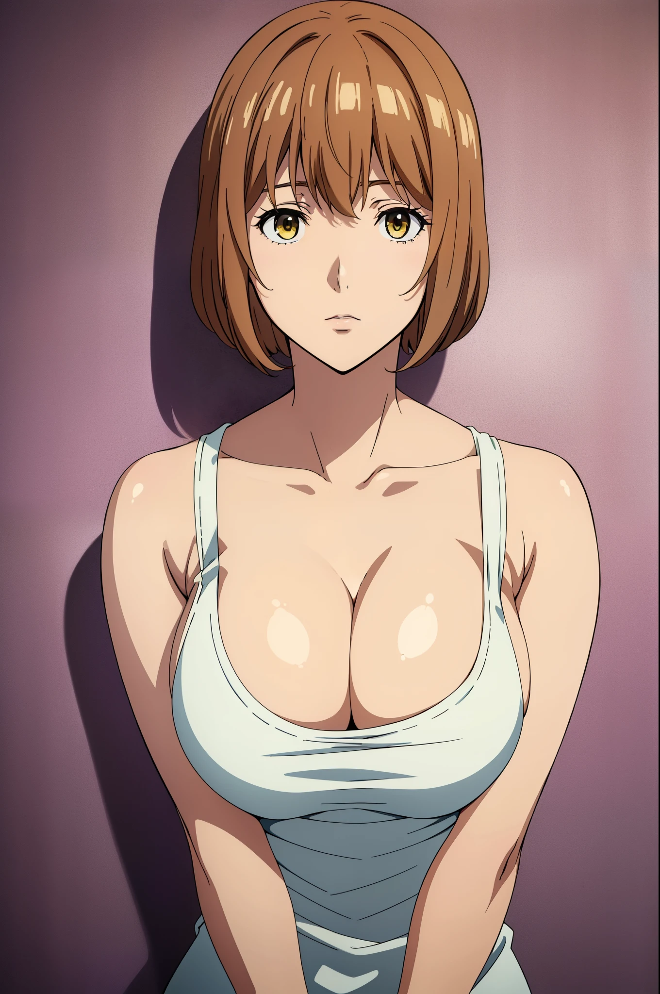 Best Quality, masutepiece, Brown hair, Yellow eyes, Yuriko Aoki, Embarrassed look, (oversize breast:1.5), cleavage of the breast, (white tank-top:1.5, no-bra:1.3, Thin fabric), Slimed, Arms Down:1.3, Breast squeeze:1.5, Upper body, Bedrooms, (Perfect Anatomy, perfect detailed body, Beautiful detailed eyes, Beautiful detailed skin),