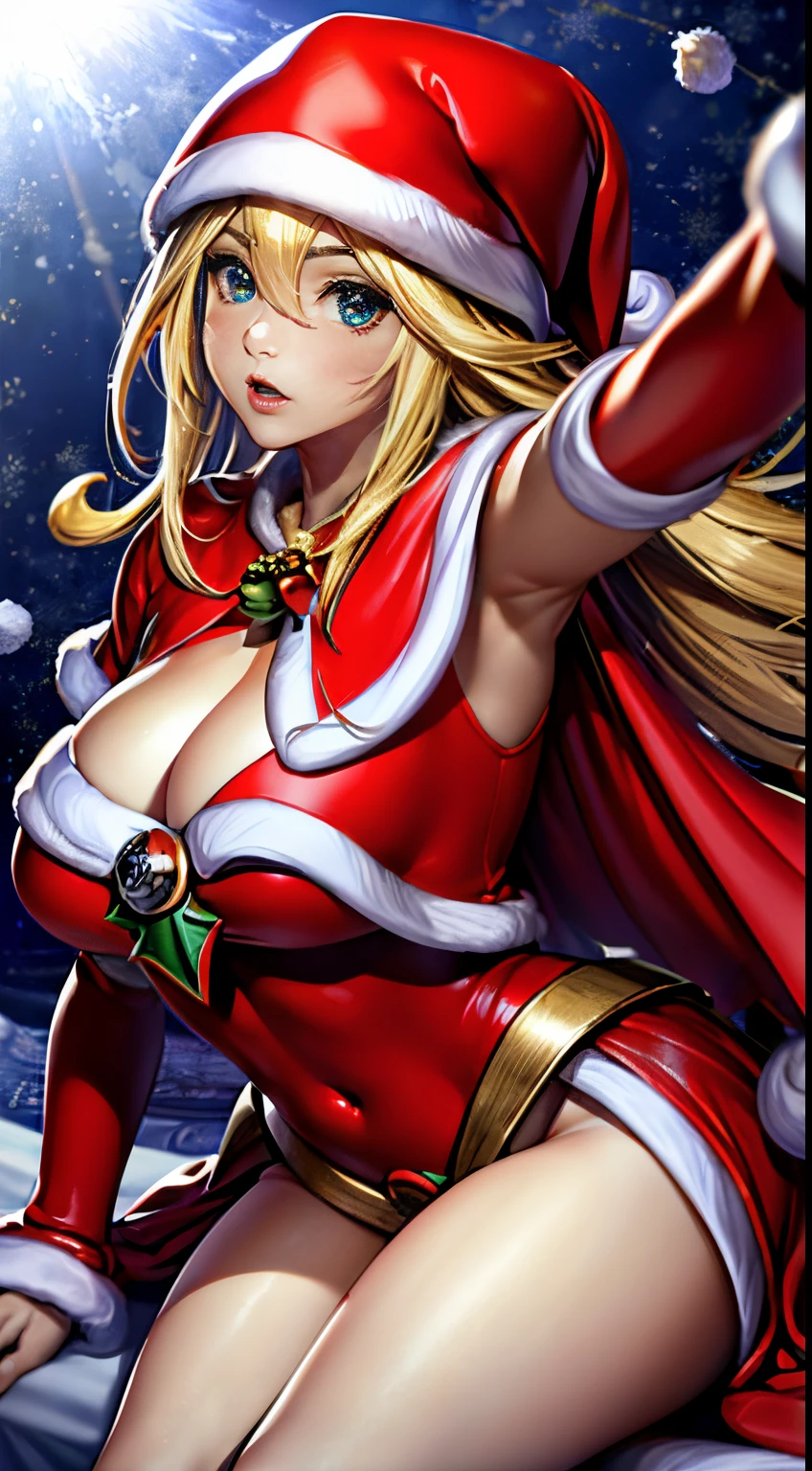 mejor calidad，tmasterpiece，ultimate resolution，Suave，extremadamente colorido，De color，dark magician gils，(Dressed in the translucent Santa Claus suit:1.4)，Medias de tirantes negras，Starrysky Android!,More detailed 8K.motor irreal:1.4,UHD,La mejor calidad:1.4, fotorrealista:1.4, textura de la piel:1.4, obra maestra:1.8,obra-prima, mejor calidad,objeto Objeto], (detailed face features:1.3),(cabello rubio largo:1.4),（Beautiful and detailed eye description）,(manos:1.4), ojos azules. Labios rojos. Cabello rubio. Fondo de nieves. Pose  sensual. Toma cuerpo completo. Fondo de Navidad