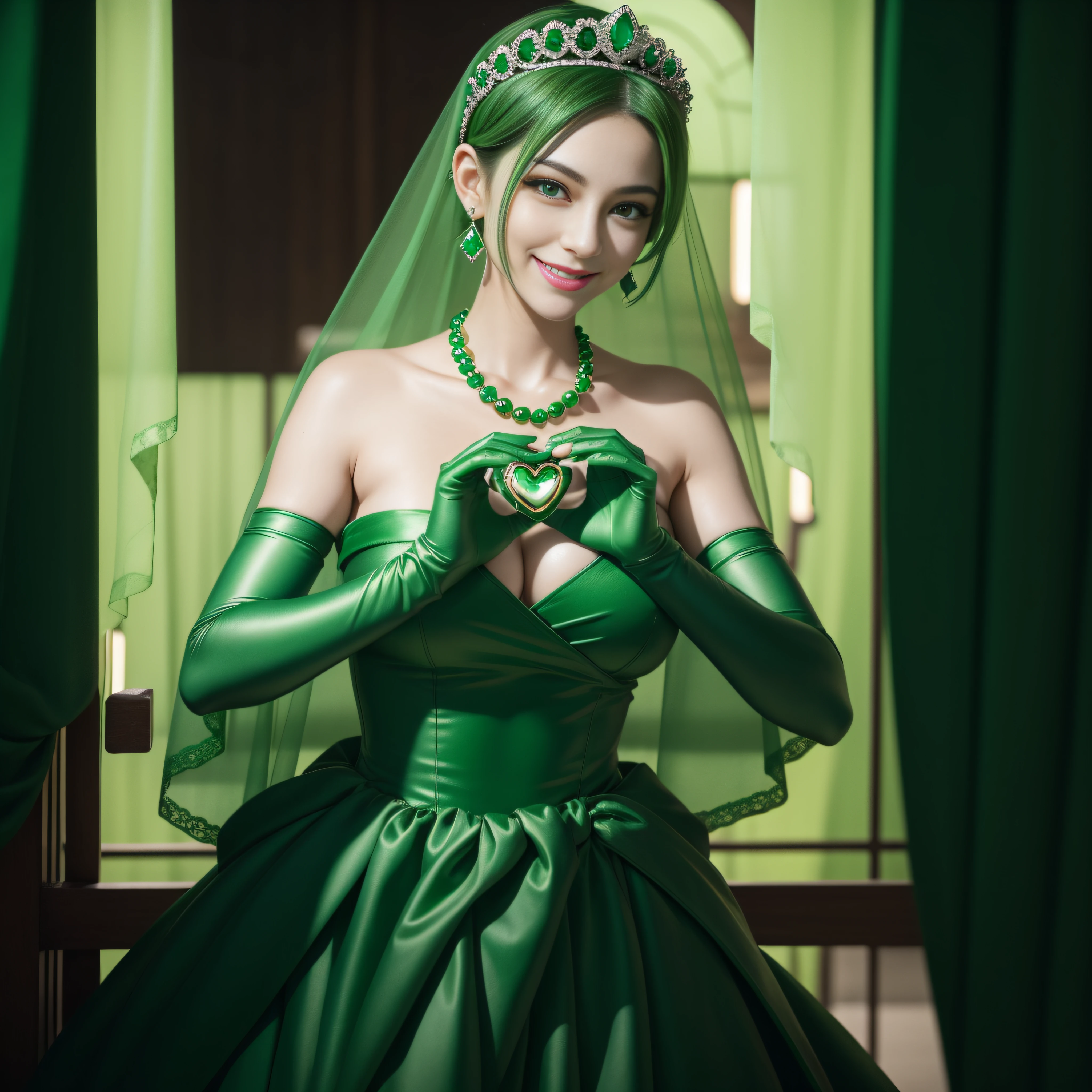 emerald tiara, Green Pearl Necklace, Boyish very short green hair, lipsticks, Japan woman smiling, very short short hair, big breasts beautiful, Green eyes, Long green gloves made of satin material, Green eyes, Emerald Earrings, green vale, Heart with both hands, Green hair