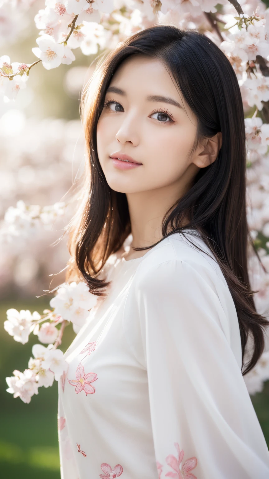 (A logo、​masterpiece、8K、masutepiece、Raw photo、Fantastic、Best Quality、Photorealistic、extremely detailed CG unified 8k wallpaper、hightquality、ighly detailed、epic poem、Particle effect、Dynamic effects、depth of fields、Cinematic Light、Lens Flare、Ray tracing)、Fantasia、 (Beauty 1 person、White Japanese Clothing、Japanese dress、White cherry blossom pattern、White cherry blossom embroidery pattern、A dark-haired、Beautiful face、Real Face、Beautiful detail eyes、Beautiful skin)、Hair flutters in the wind、Hair jumps、Pink cherry blossom tree、Petals flutter、Sakura blizzard、Superb view、morning glow、Sun in the background、the wind、Deities、tusk、myth、Vast Land、