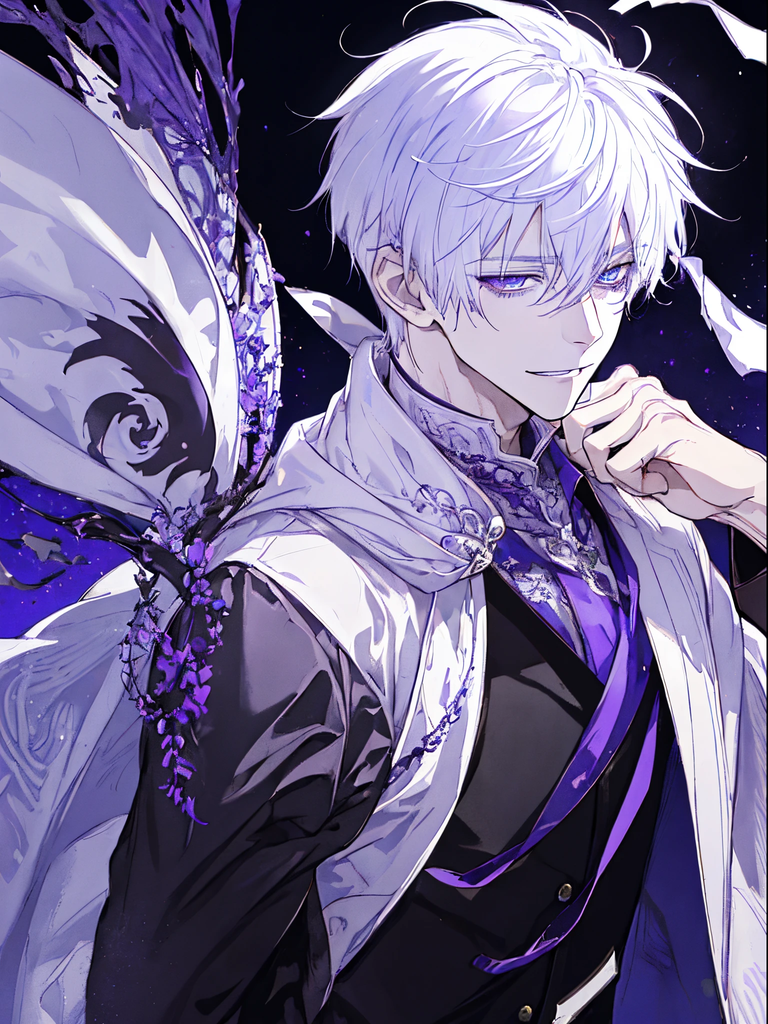 1guy、white haired、purple-white eyes、maniacal smile、Short Messy Hair、Portrait 、a handsome, black cloak, I can't see my hand