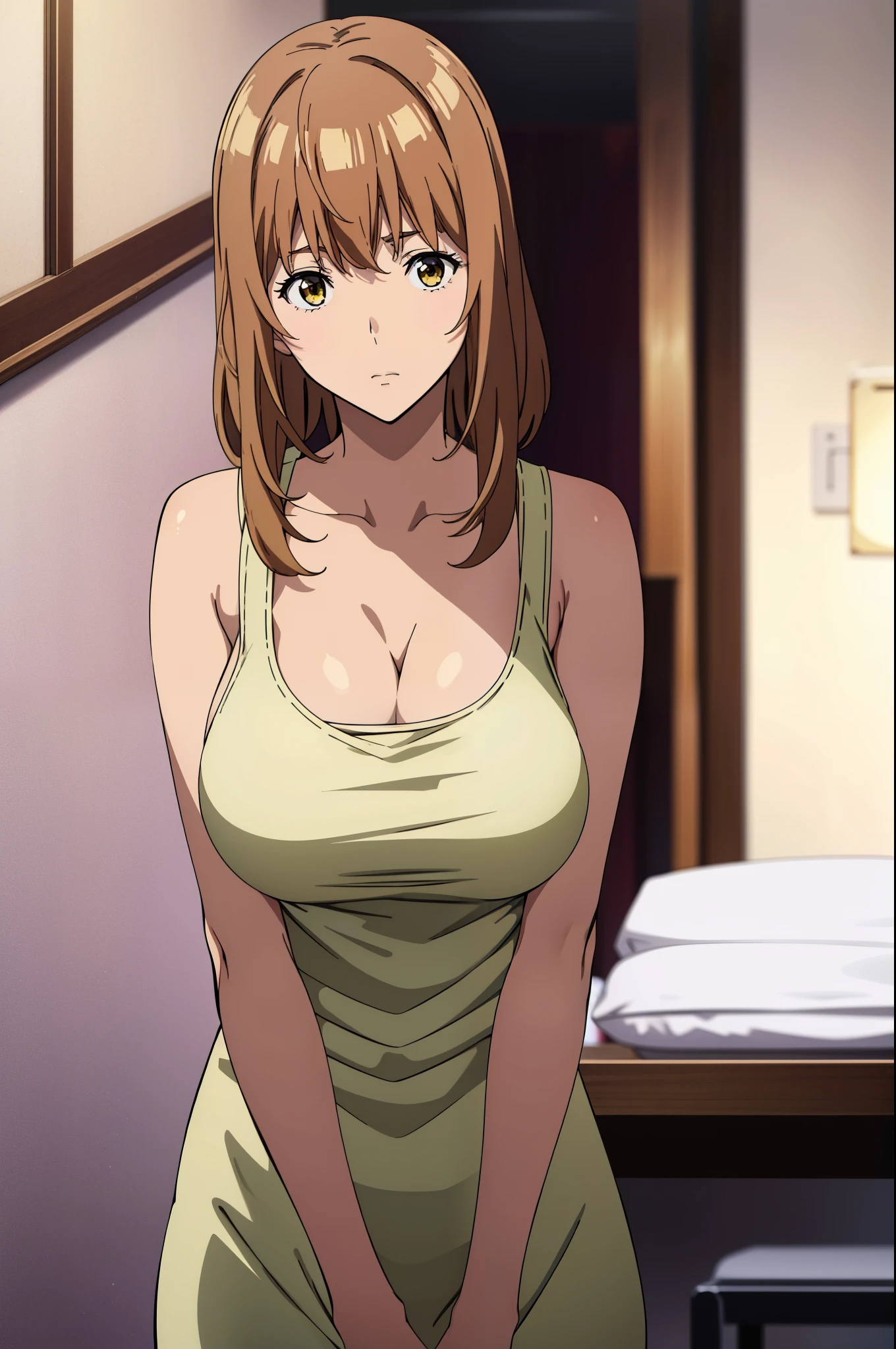 Best Quality, masutepiece, Brown hair, Yellow eyes, Yuriko Aoki, Embarrassed look, (oversize breast:1.5), cleavage of the breast, (white tank-top:1.5, no-bra:1.3, Thin fabric), Slimed, Arms Down:1.3, Breast squeeze:1.5, Upper body, Bedrooms, (Perfect Anatomy, perfect detailed body, Beautiful detailed eyes, Beautiful detailed skin),